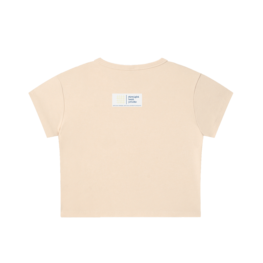 Beige t-shirt with a label on the back against a white background