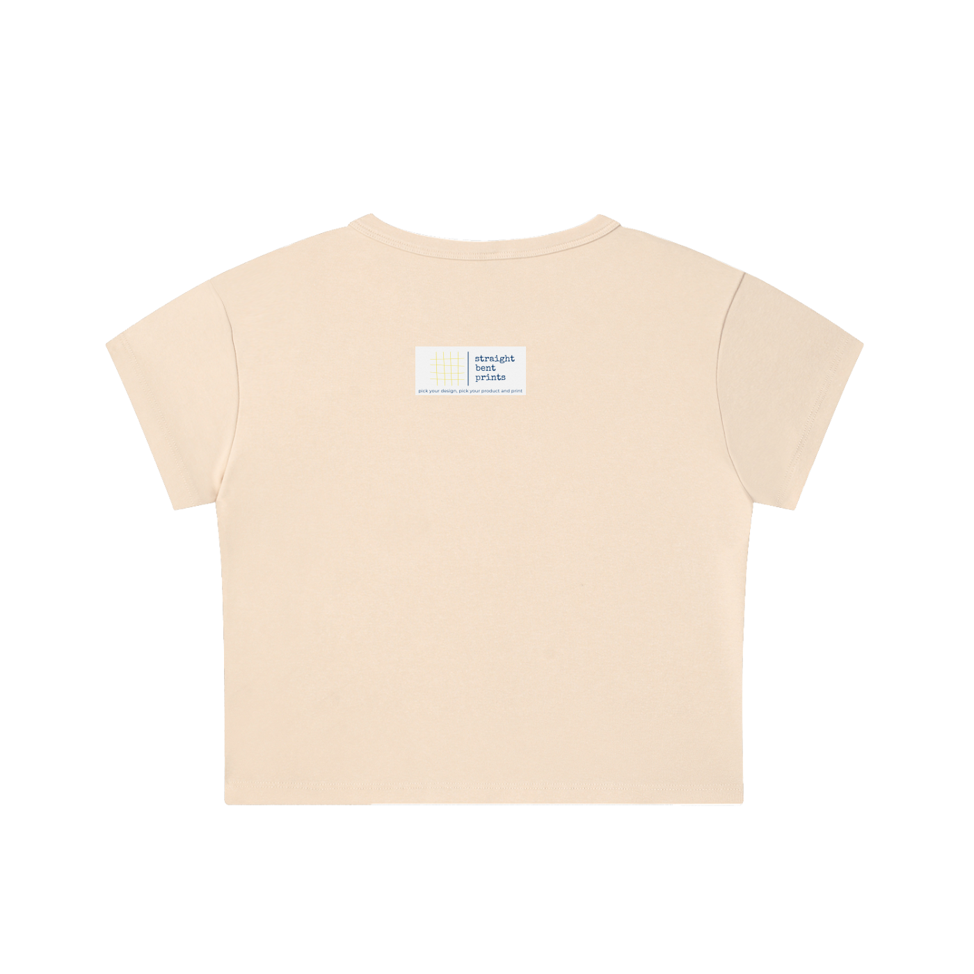 Beige t-shirt with a label on the back against a white background