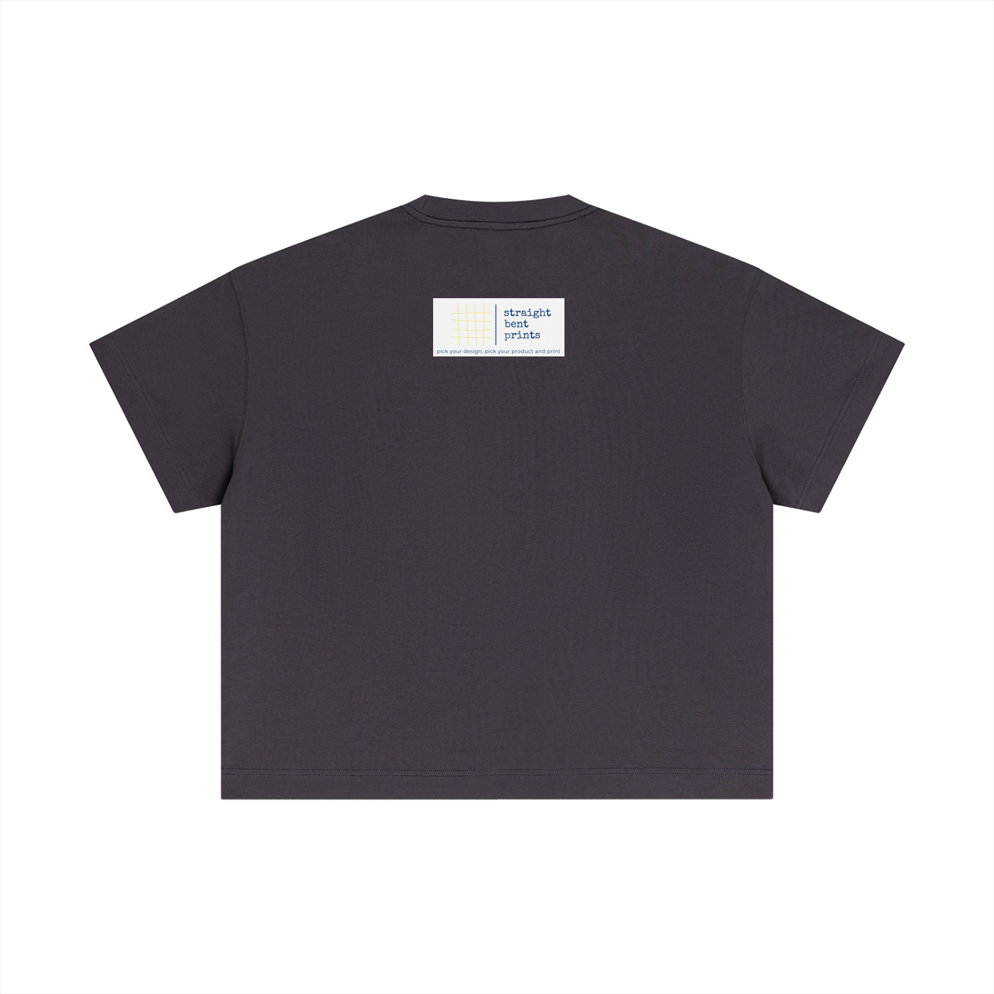 Black t-shirt with a small white label on the back against a white background