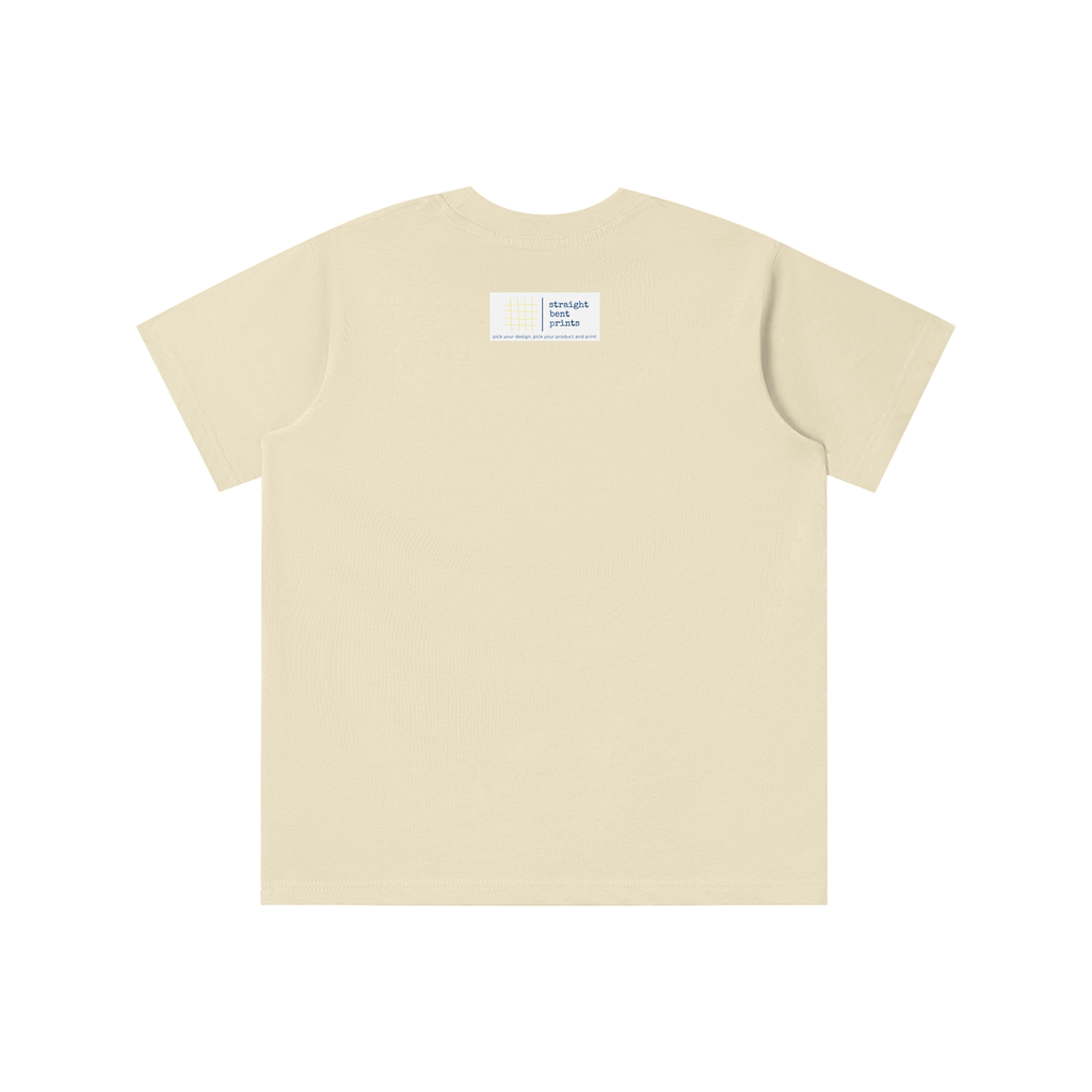 Beige t-shirt with a small logo on the chest against a white background