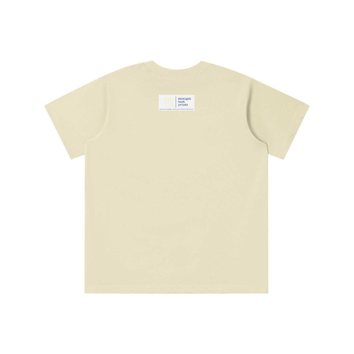 Beige t-shirt with a small logo on the chest against a white background