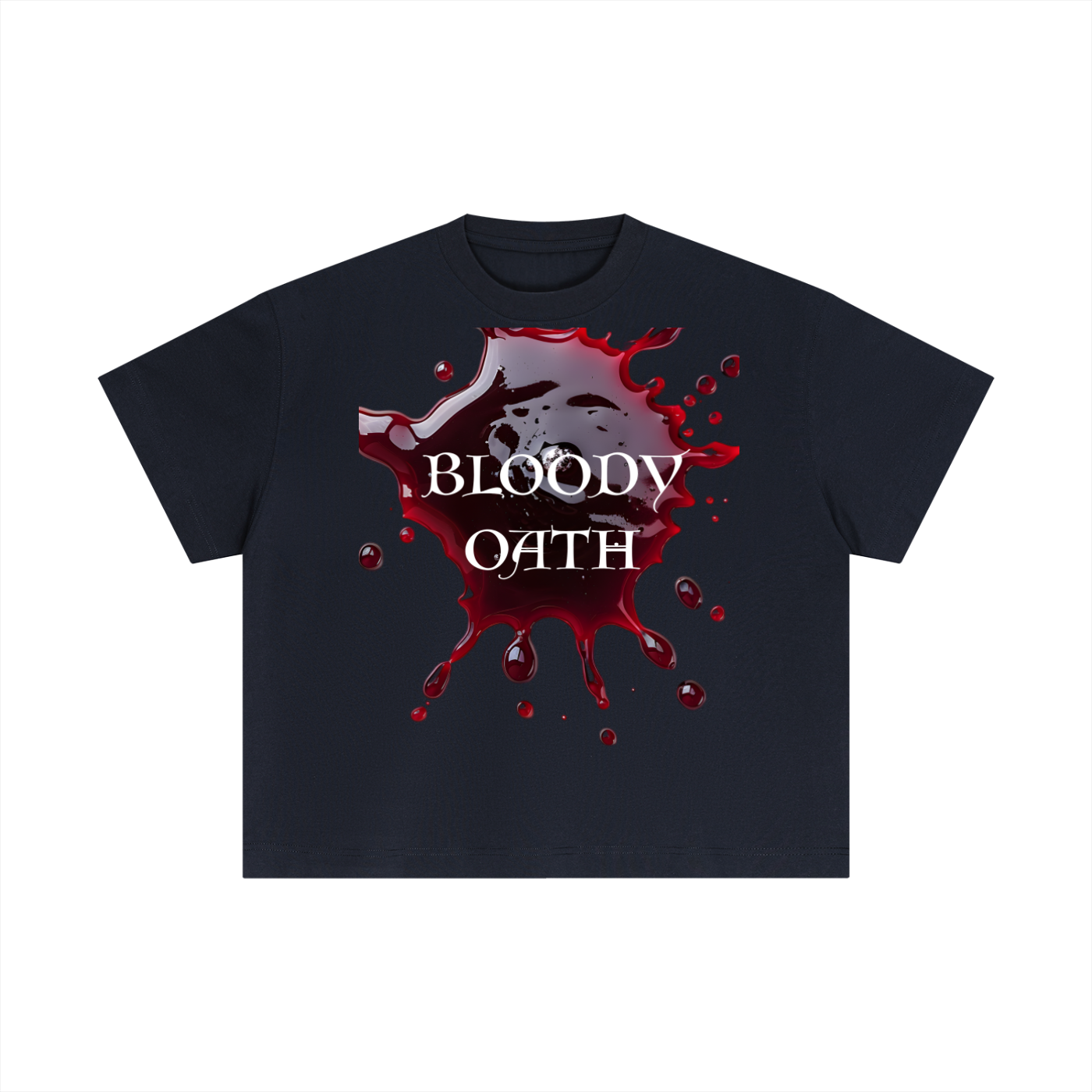 Black t-shirt with 'Bloody Oath' graphic design on a white background