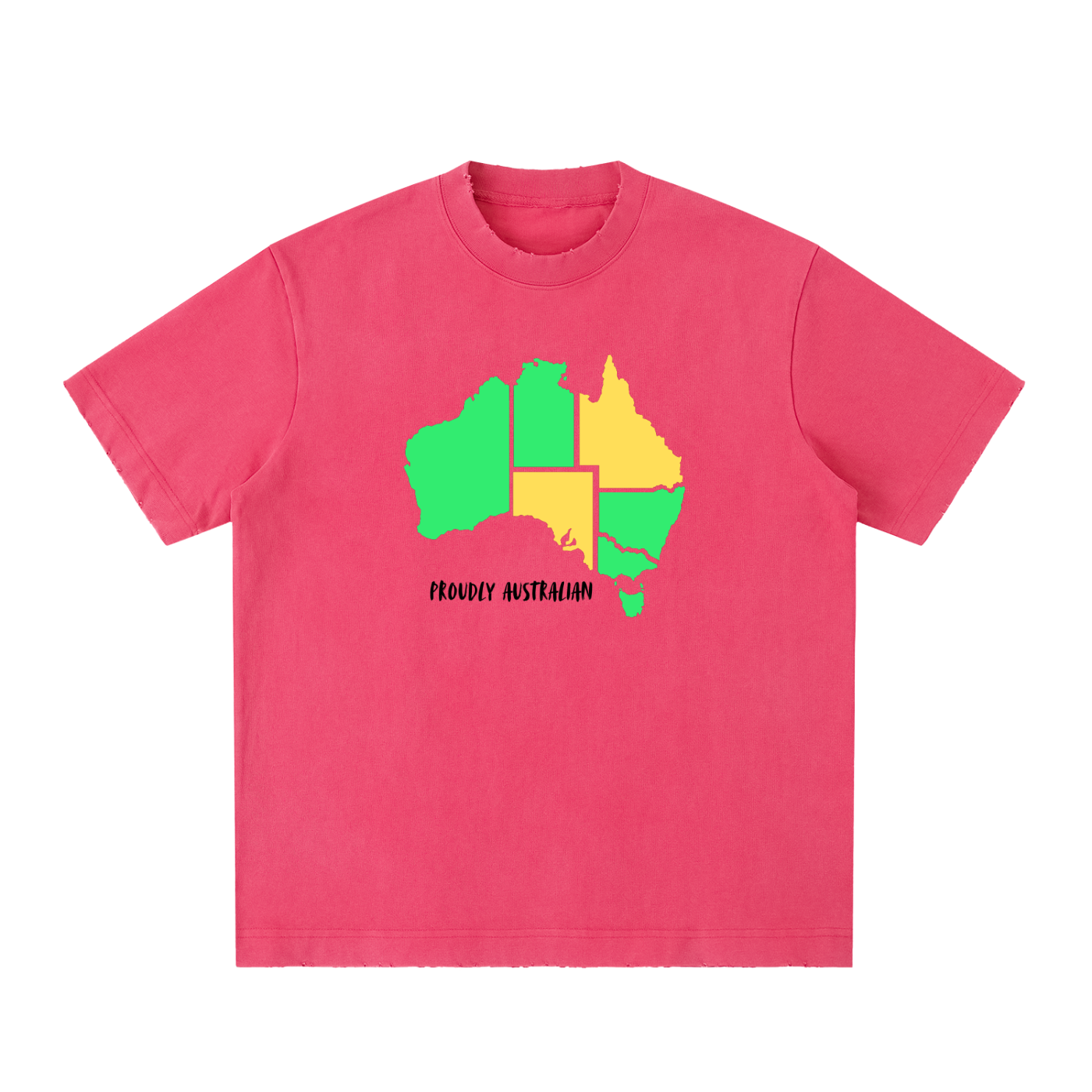 Pink t-shirt with a colorful map of Australia design on a white background