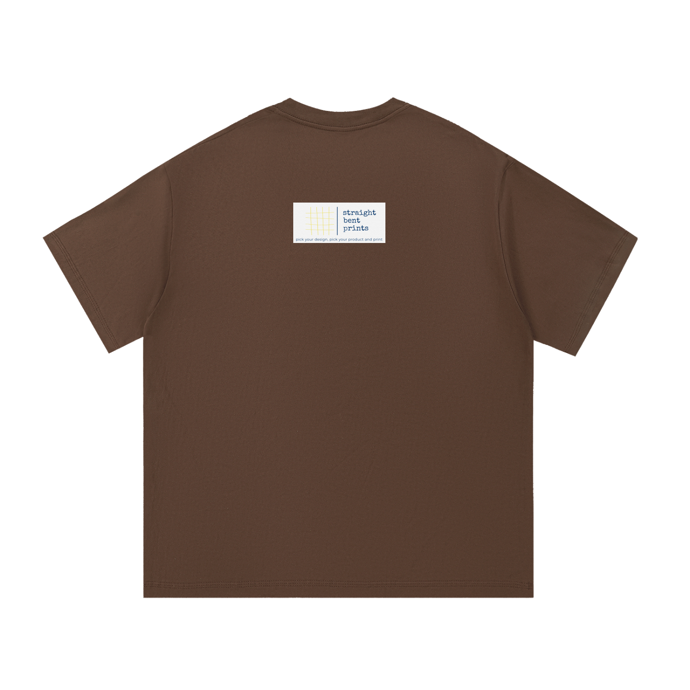 Brown t-shirt with a small white label on the back against a white background