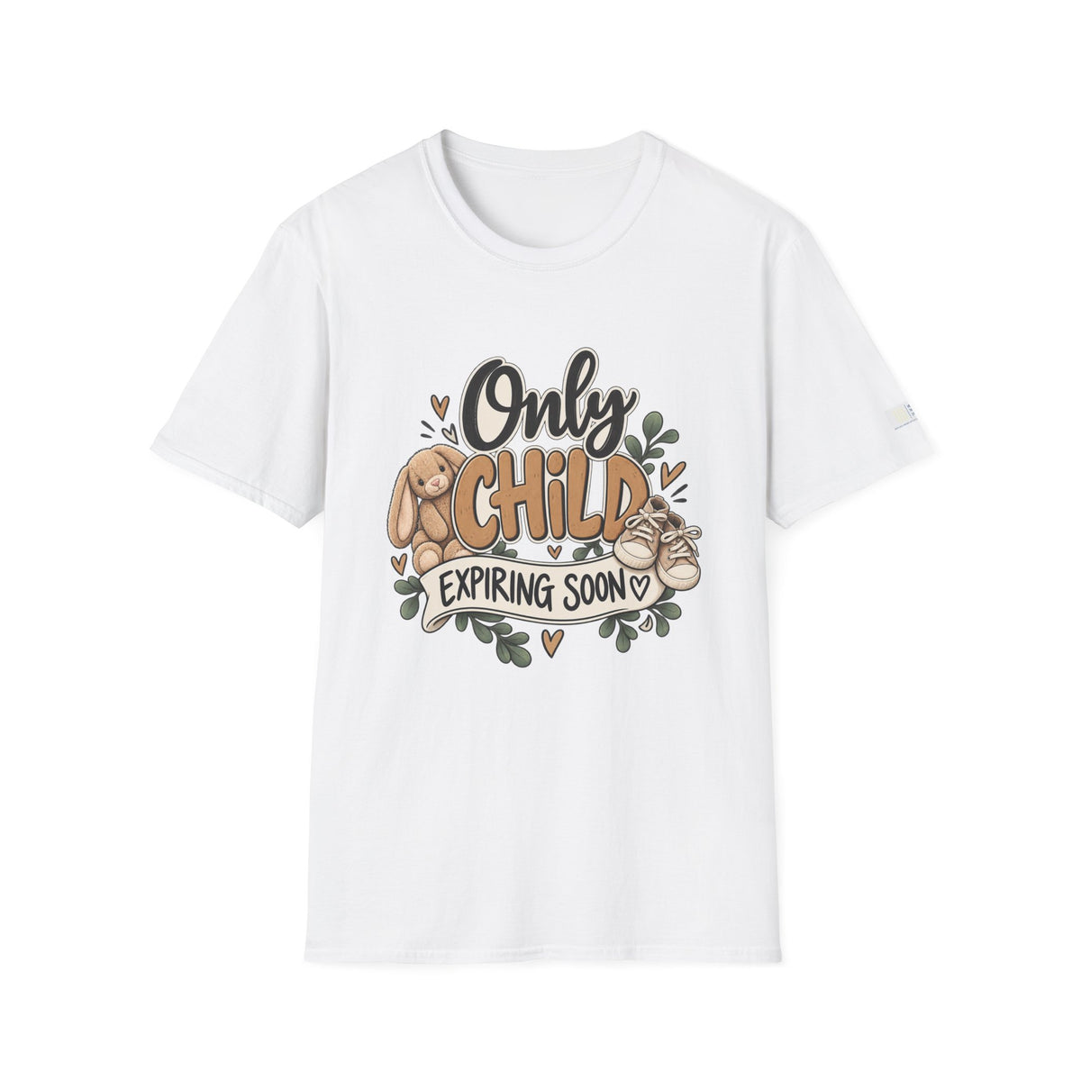 A white short-sleeve crewneck t-shirt with a graphic print on the front. The graphic features a teddy bear, acorns, and the text 'Only Child Expiring Soon' in black and brown lettering with small heart accents.