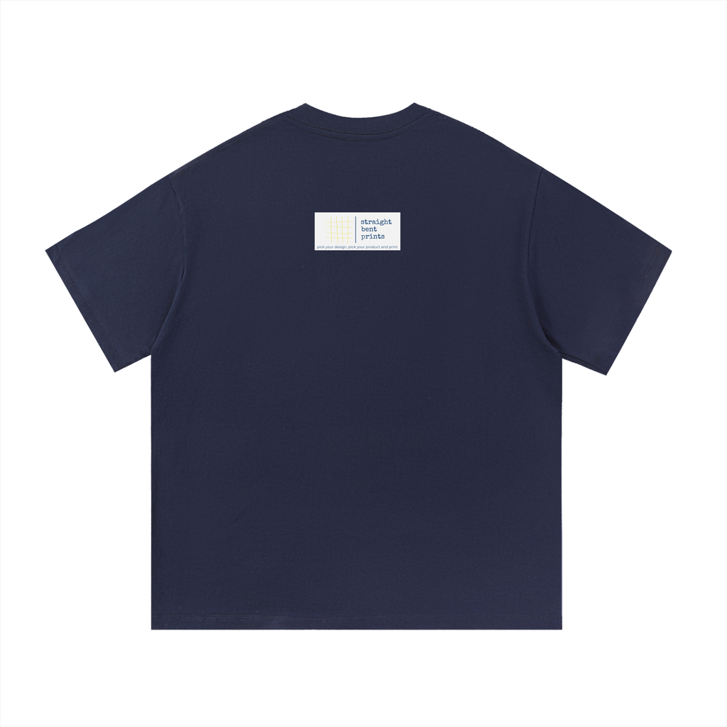 Navy blue t-shirt with a small white label on the back against a white background