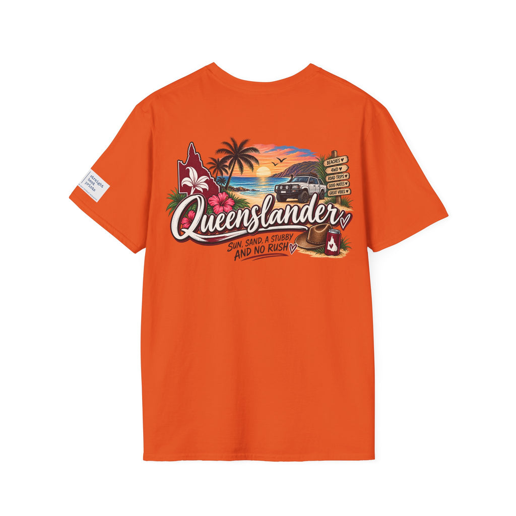 Queenslander Sunset Beach T-Shirt | Retro Tropical Surf van design