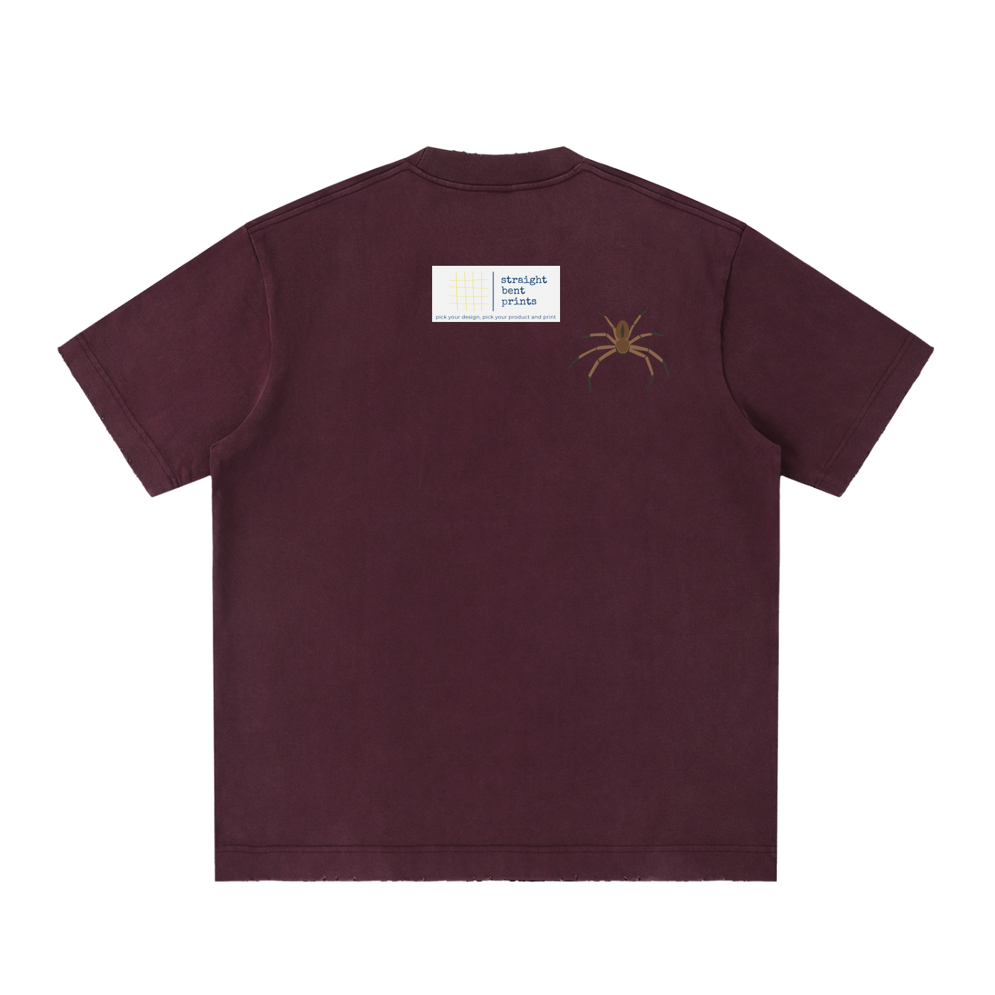 Maroon t-shirt with a small logo on the back against a white background