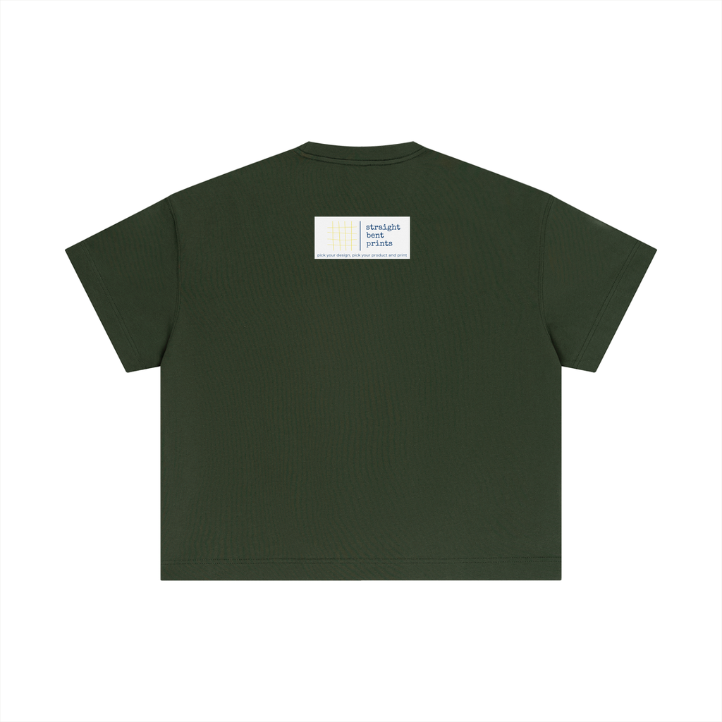 Green t-shirt with a small white label on the back against a white background