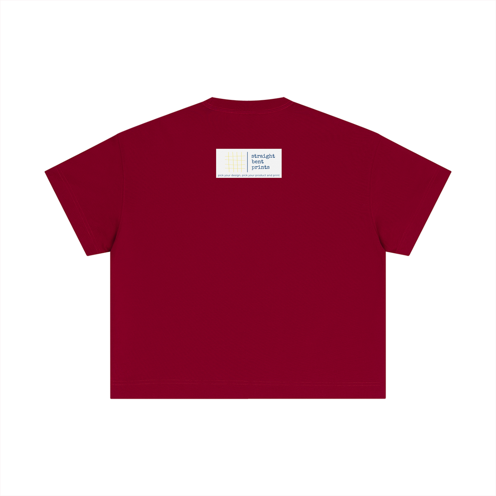 Maroon t-shirt with a small white label on a white background