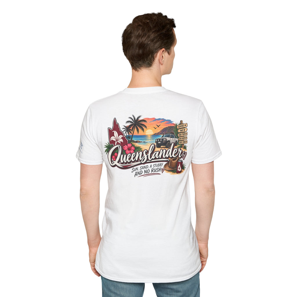 Queenslander Sunset Beach T-Shirt | Retro Tropical Surf van design