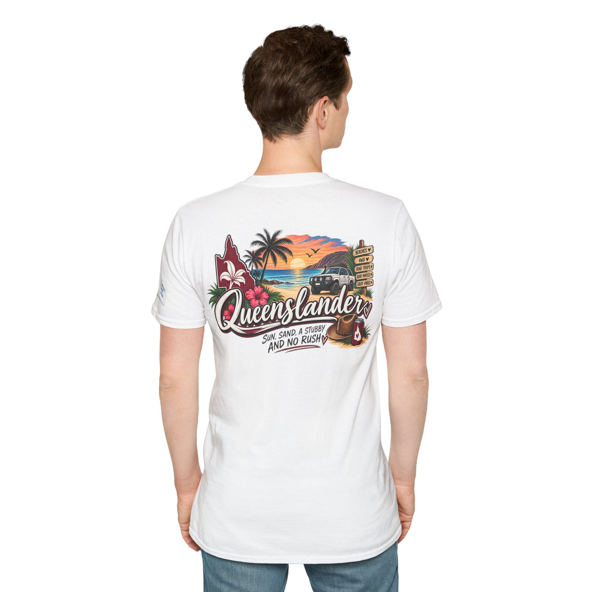 Queenslander Sunset Beach T-Shirt | Retro Tropical Surf van design