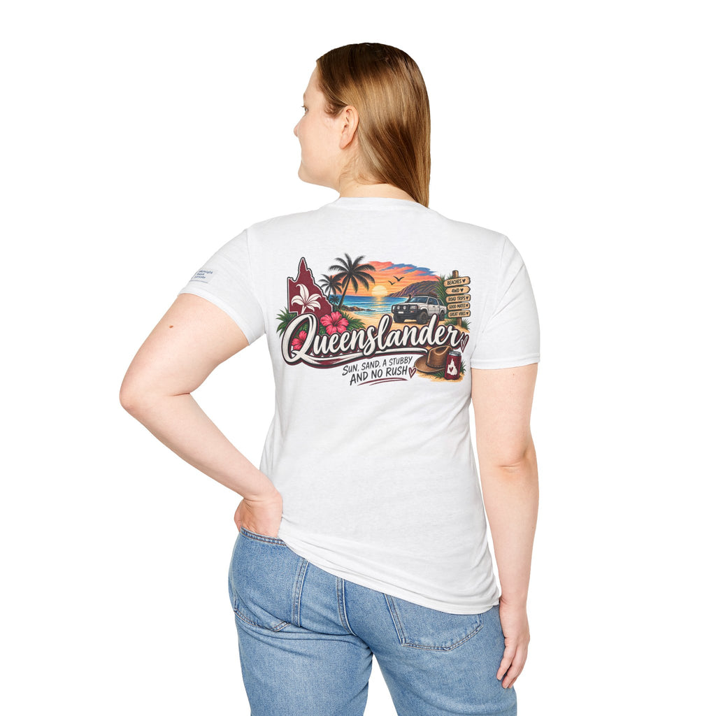 Queenslander Sunset Beach T-Shirt | Retro Tropical Surf van design