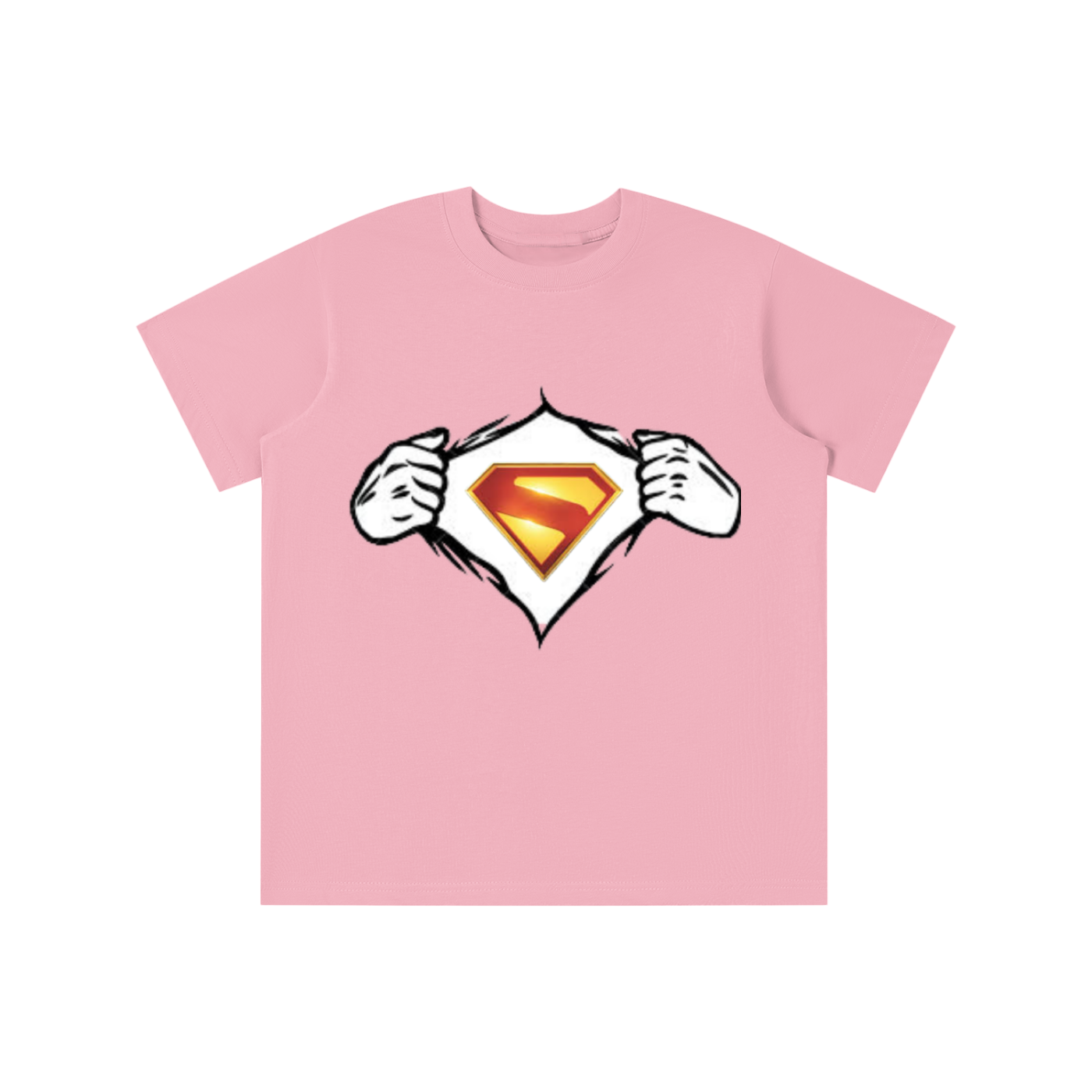 pink t-shirt with a small white label on a white background