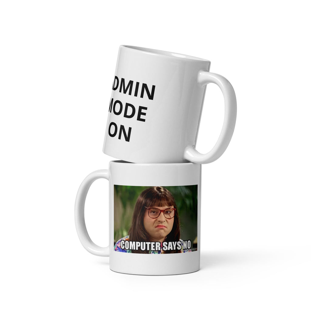 Two mugs stacked on top of each other with text and a character image.