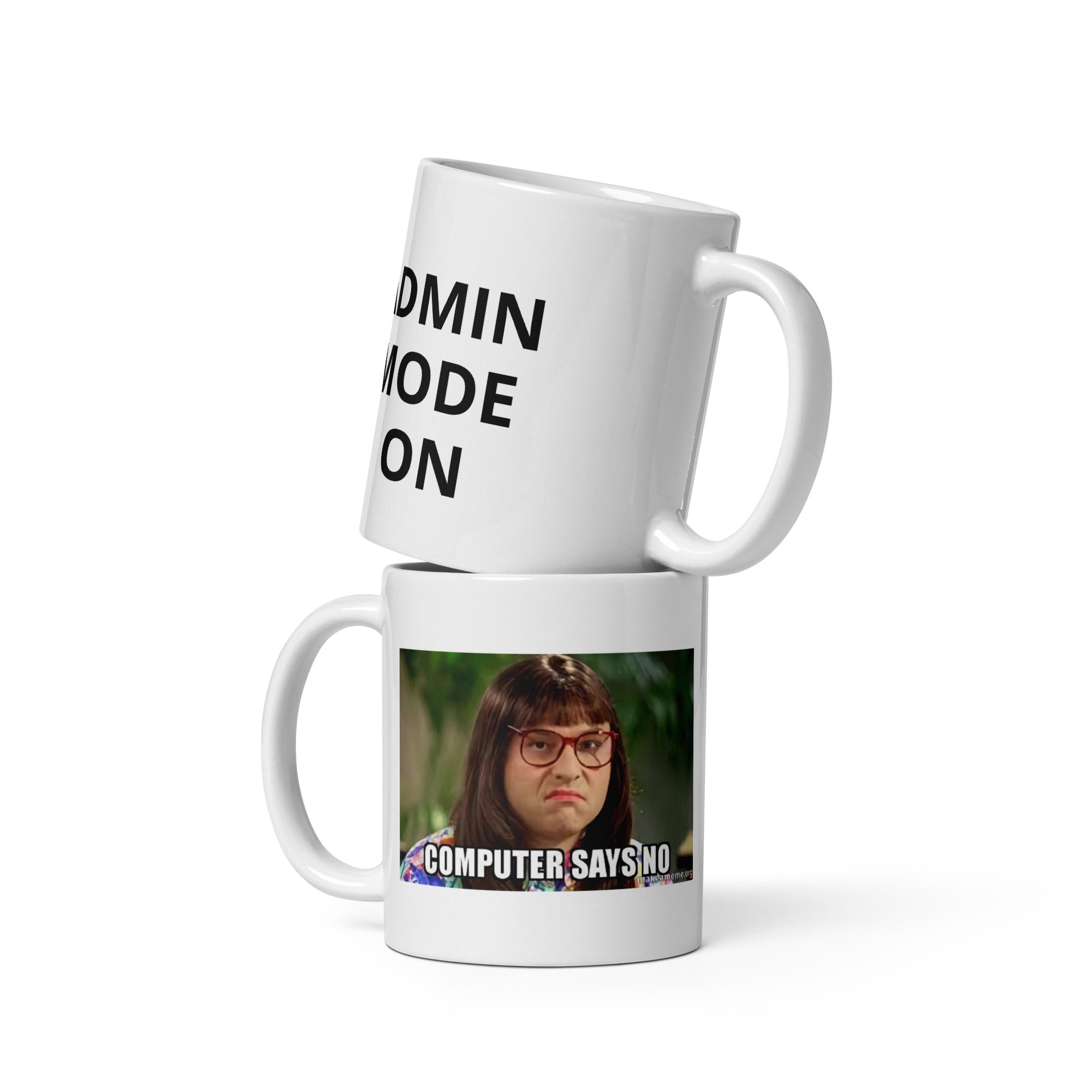 Two mugs stacked on top of each other with text and a character image.