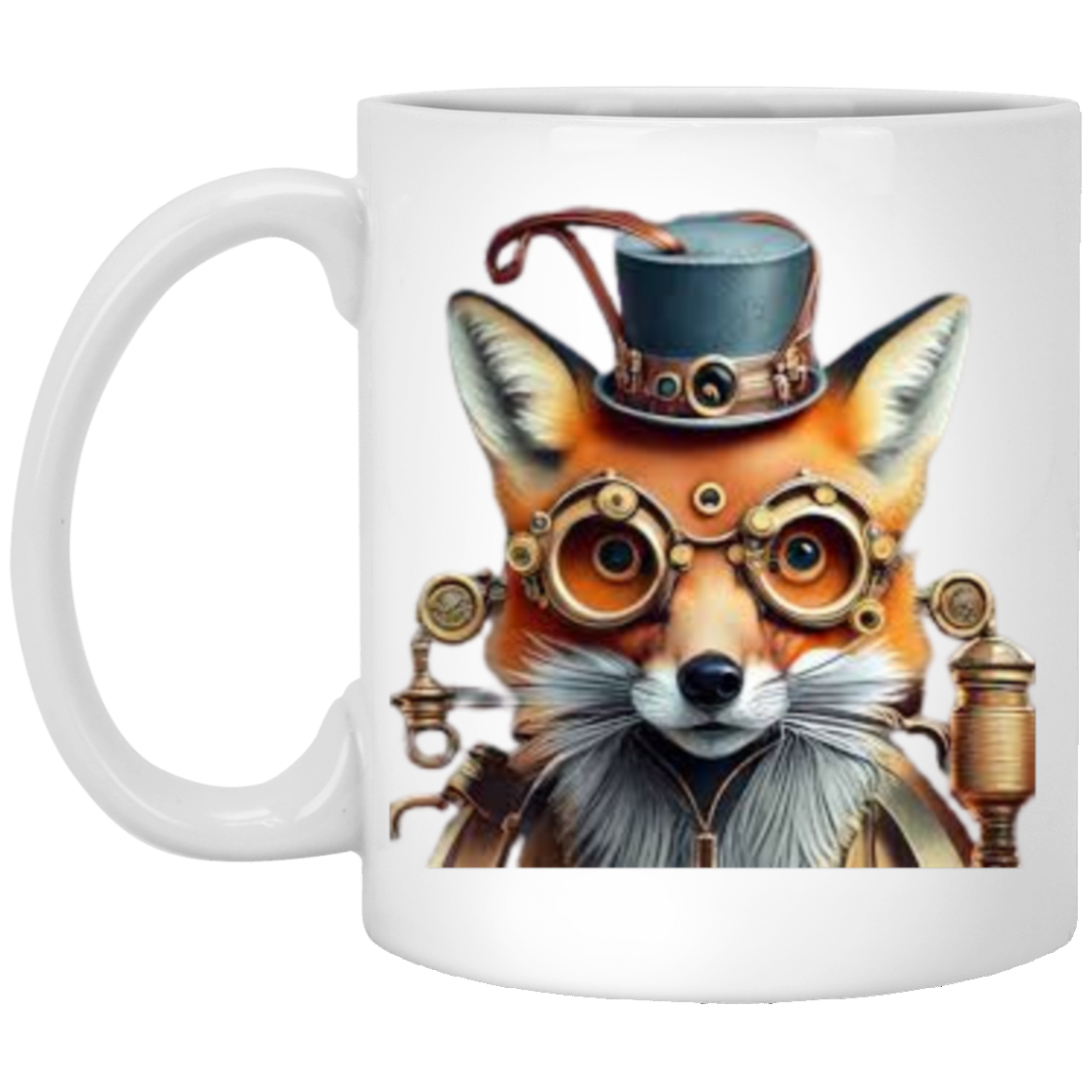 White mug with a steampunk fox design on a white background