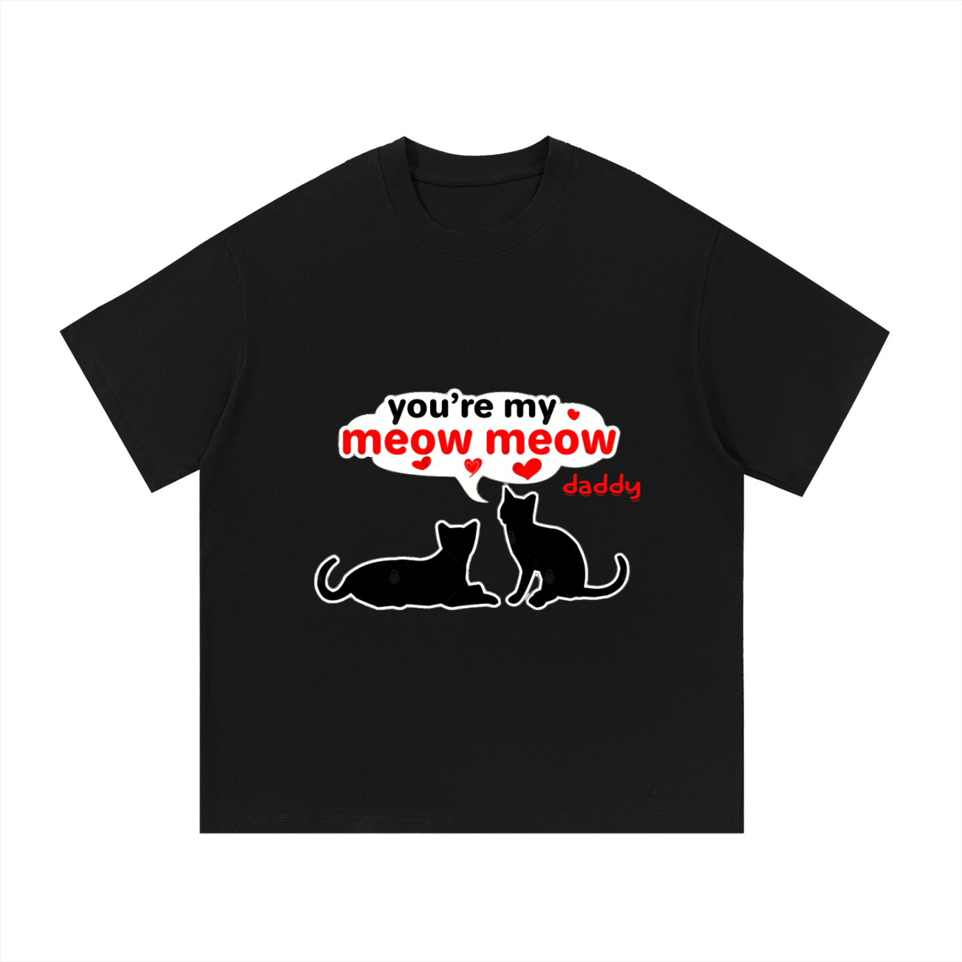 Black t-shirt with white and red text and cat illustrations on a white background