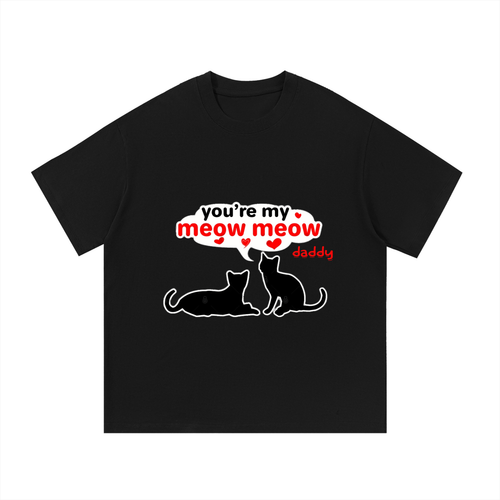 Black t-shirt with white and red text and cat illustrations on a white background