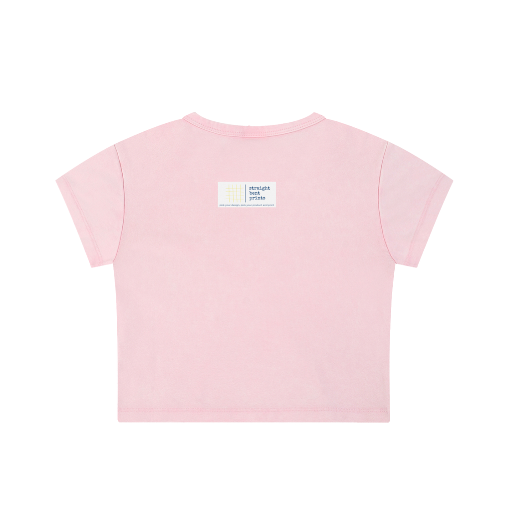 Pink t-shirt with a label on the back against a white background