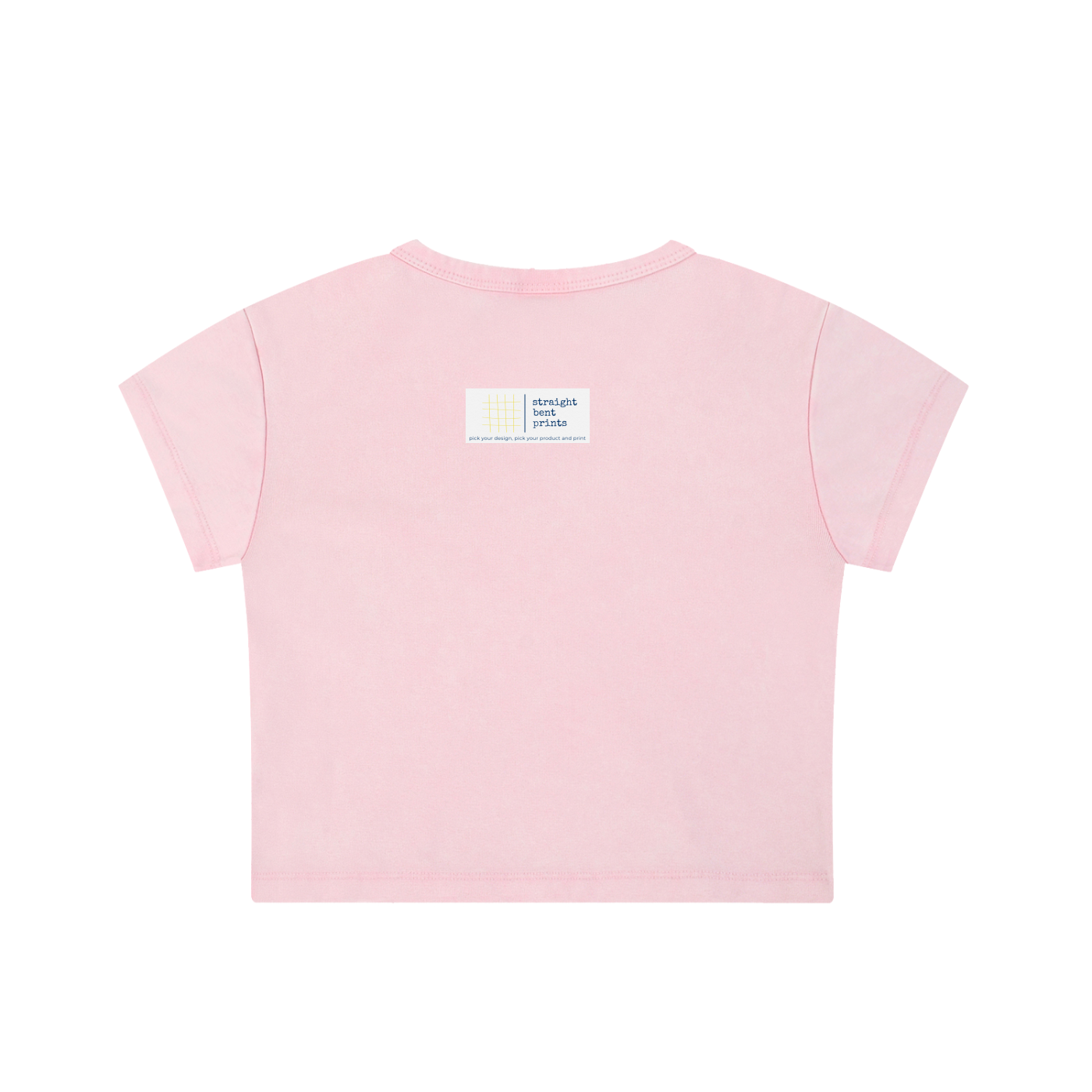 Pink t-shirt with a label on the back against a white background