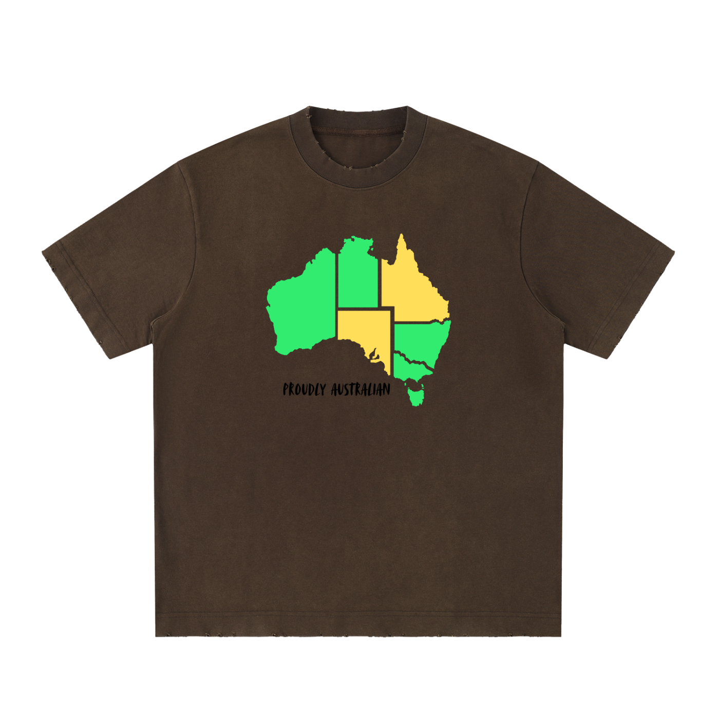 Brown t-shirt with a map of Australia design in green and yellow on a white background