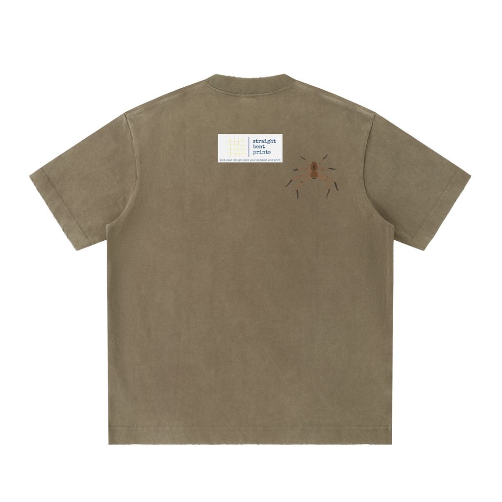 Brown t-shirt with a small graphic on the back against a white background