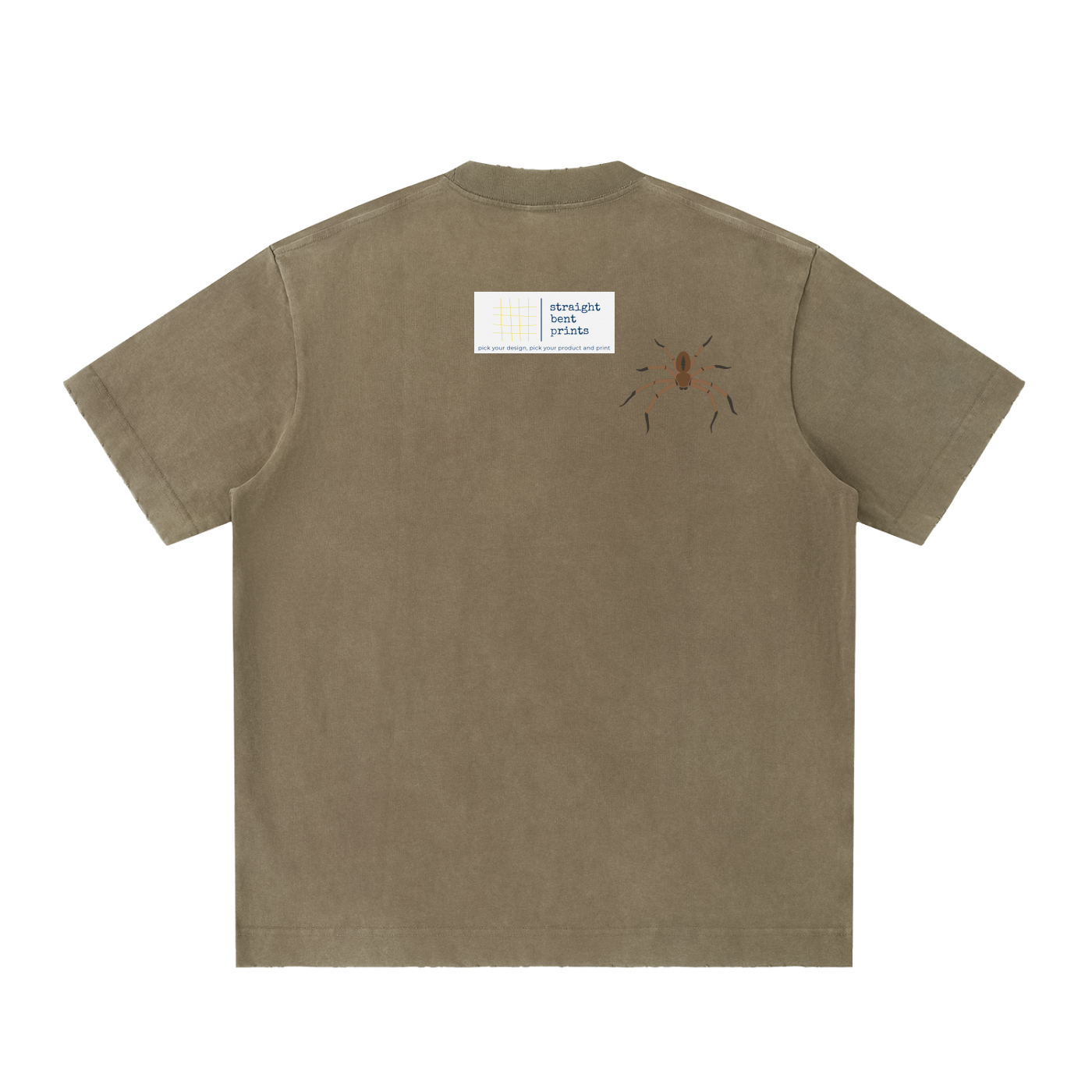 Brown t-shirt with a small graphic on the back against a white background