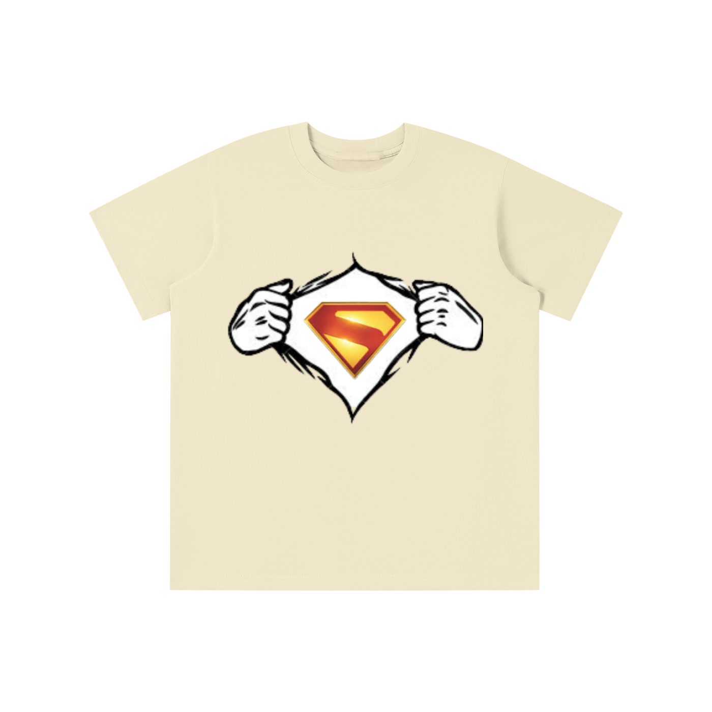 Beige t-shirt with Superman logo design on a white background