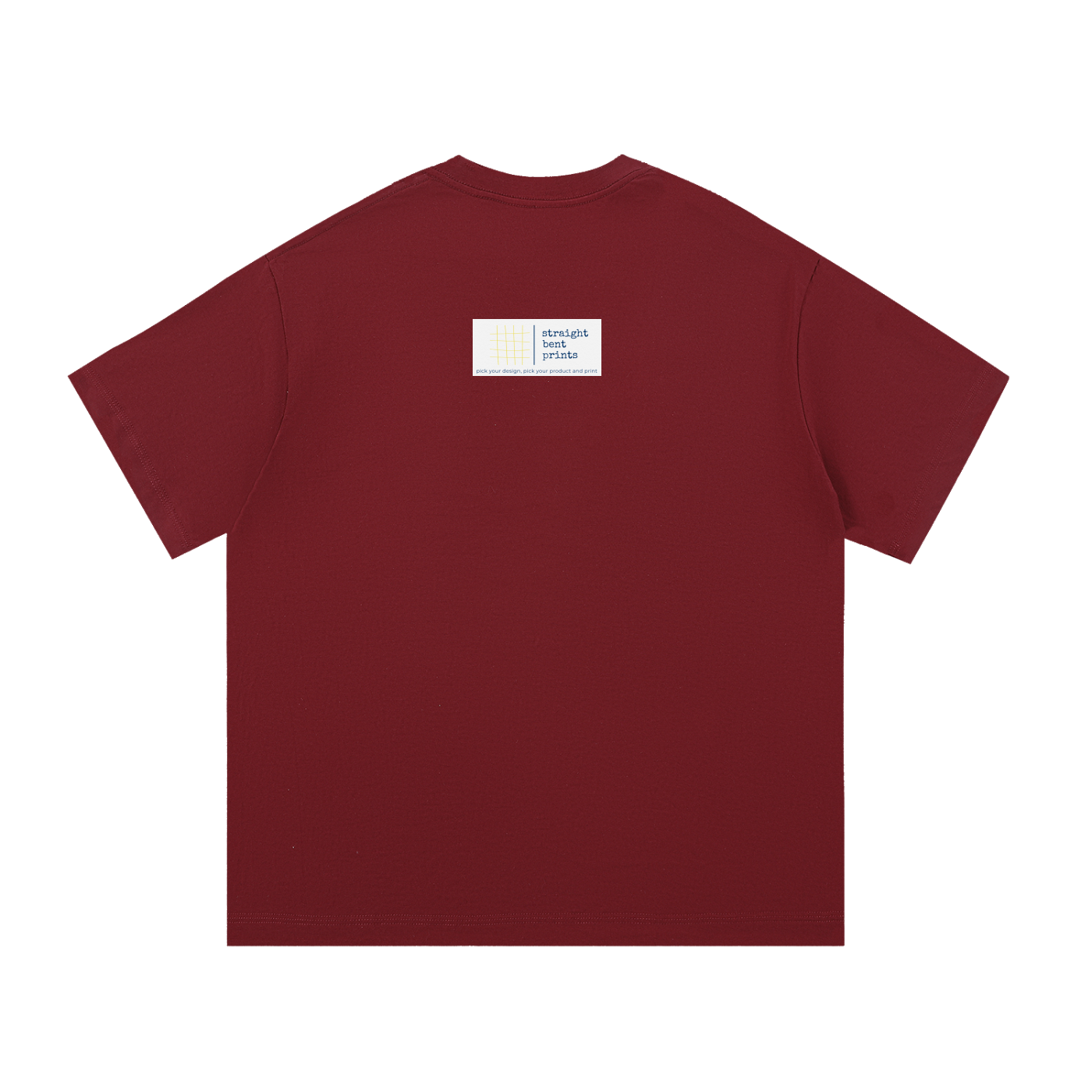 Maroon t-shirt with a small white label on the back against a white background