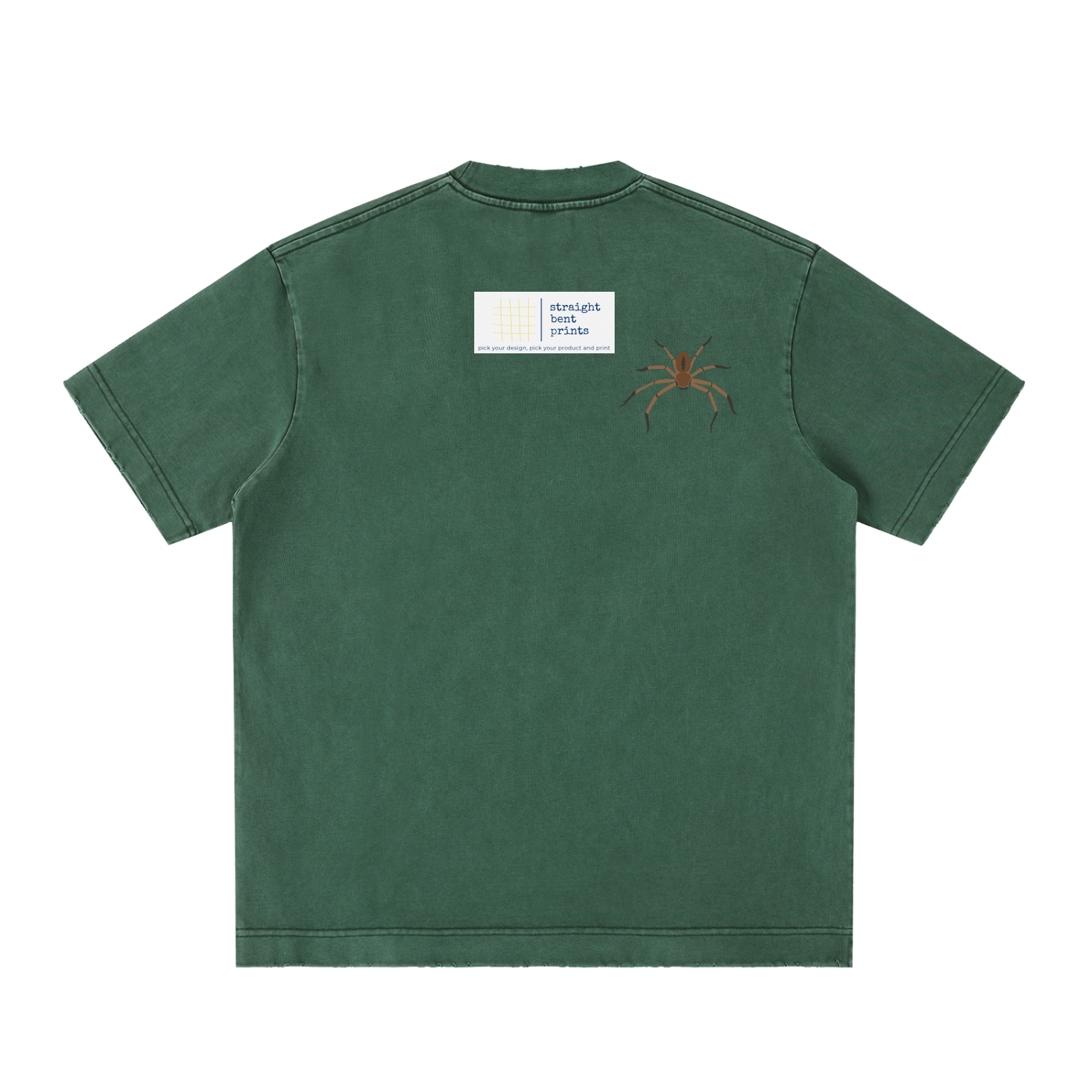 Green t-shirt with a spider graphic on the back against a white background