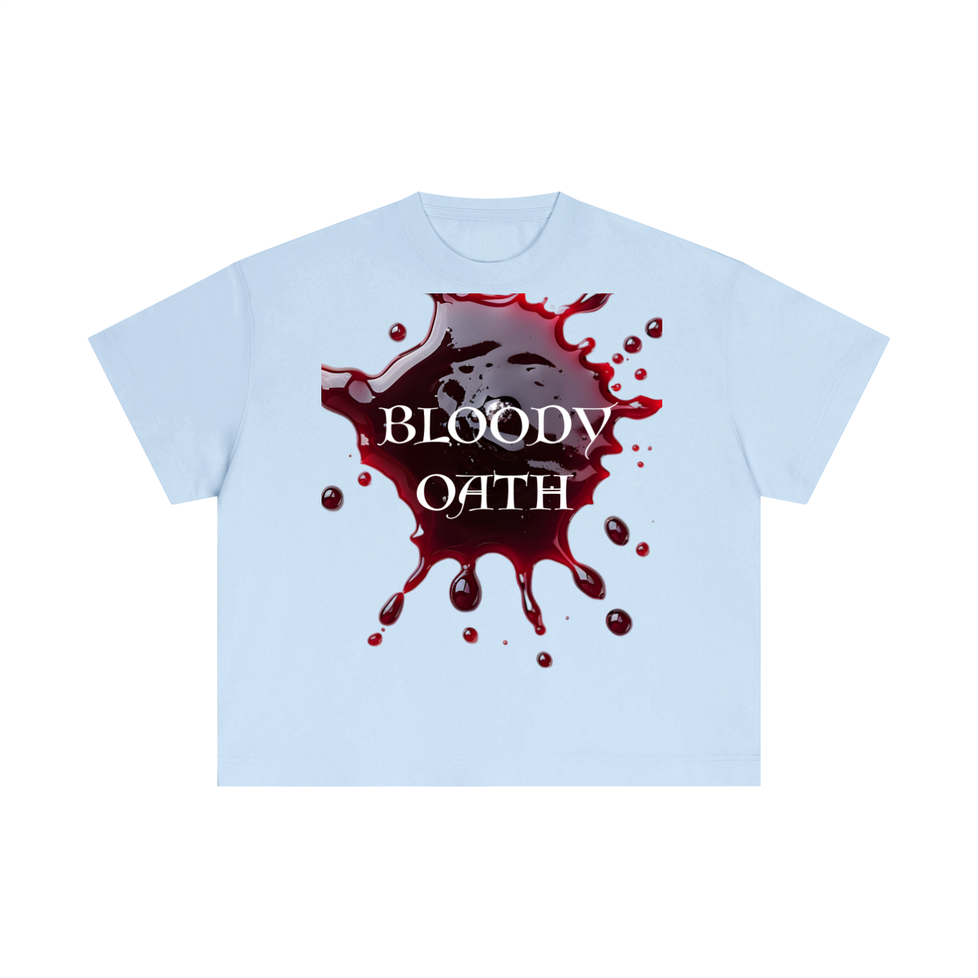 Light blue t-shirt with 'Bloody Oath' graphic design on a white background