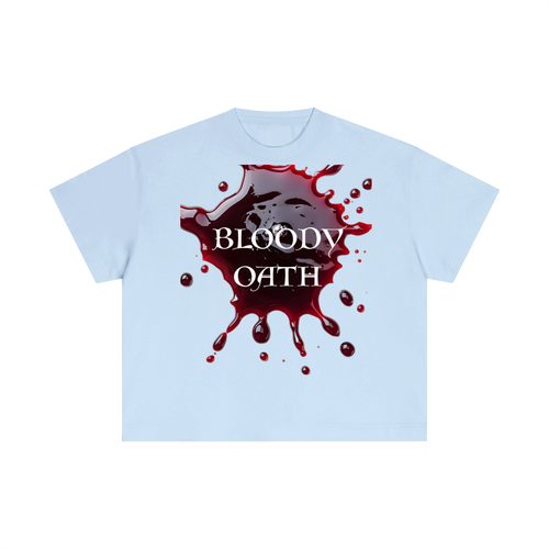 Light blue t-shirt with 'Bloody Oath' graphic design on a white background