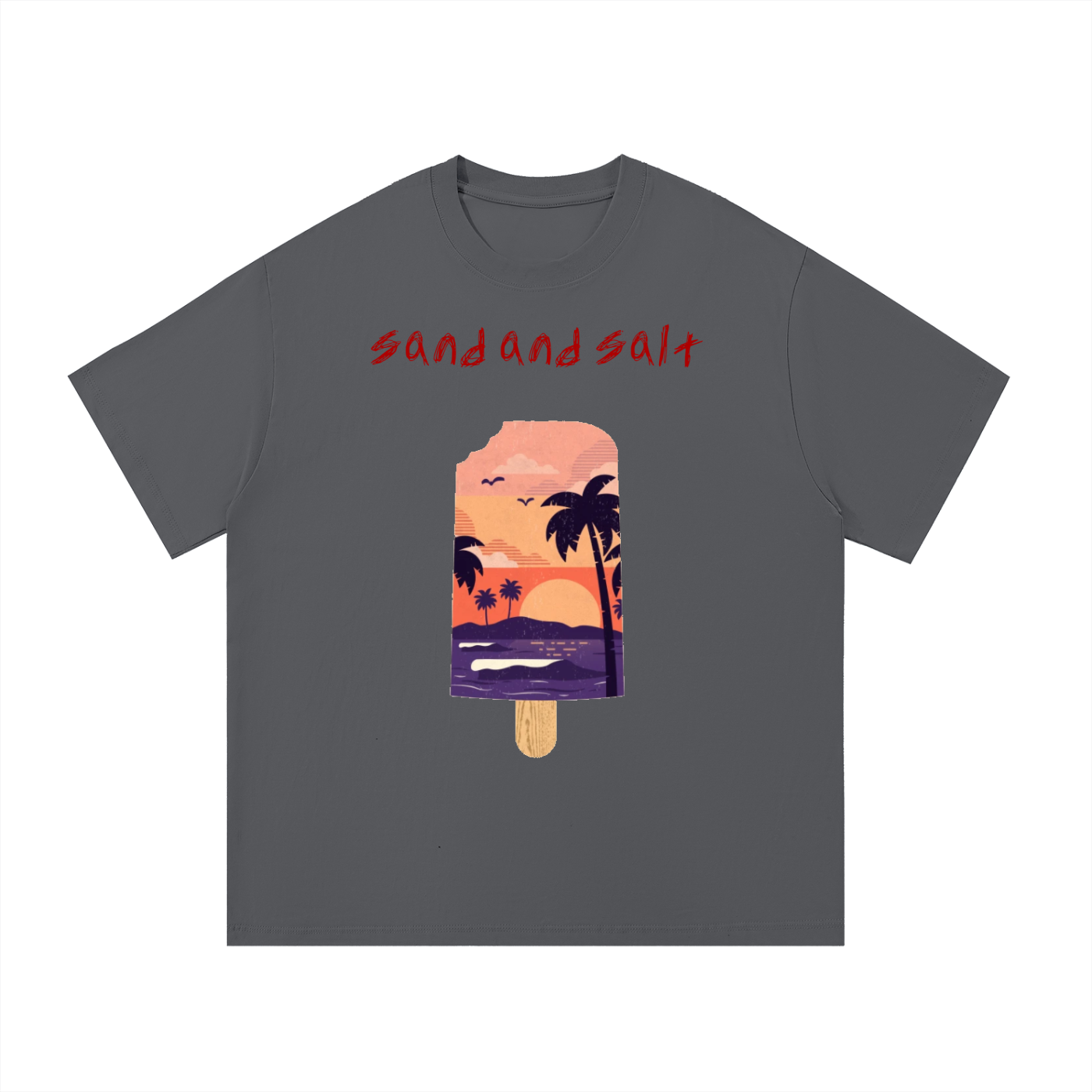 Gray t-shirt with a tropical popsicle graphic and 'sand and salt' text on a white background