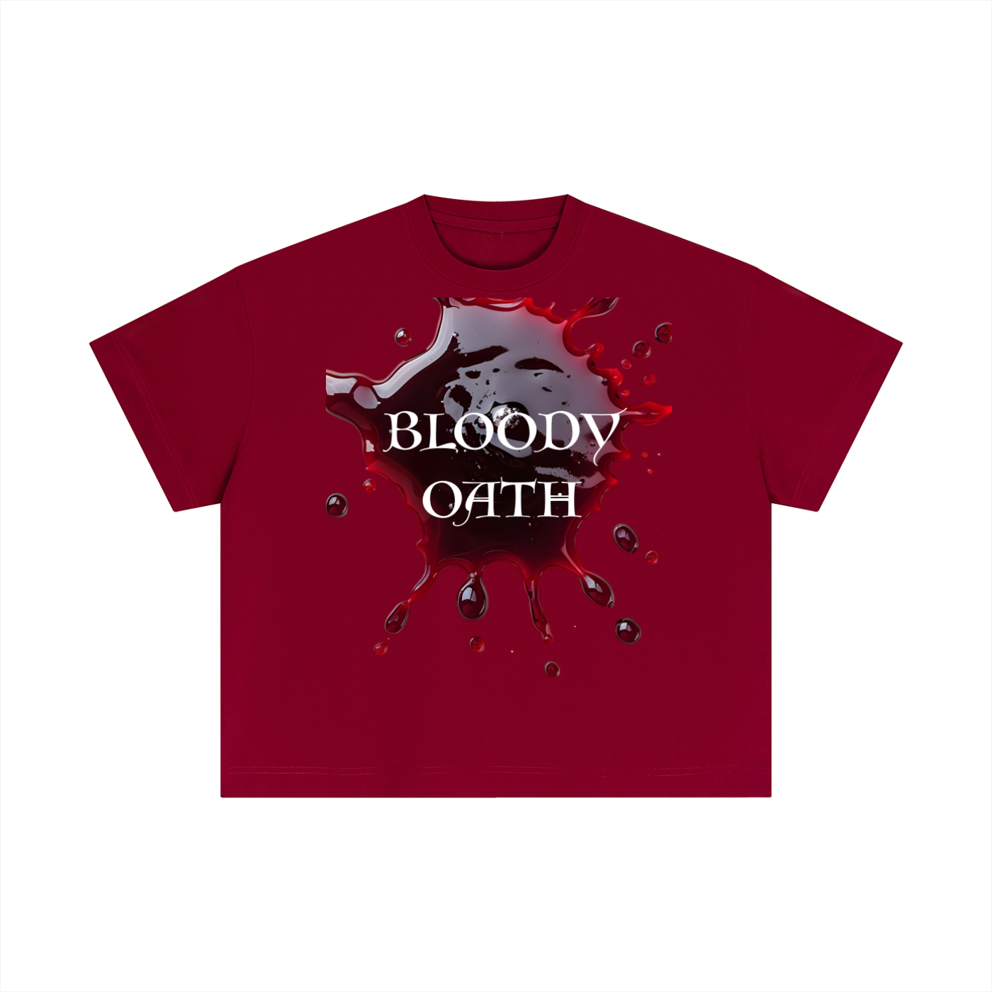 Red t-shirt with 'Bloody Oath' graphic design on a white background