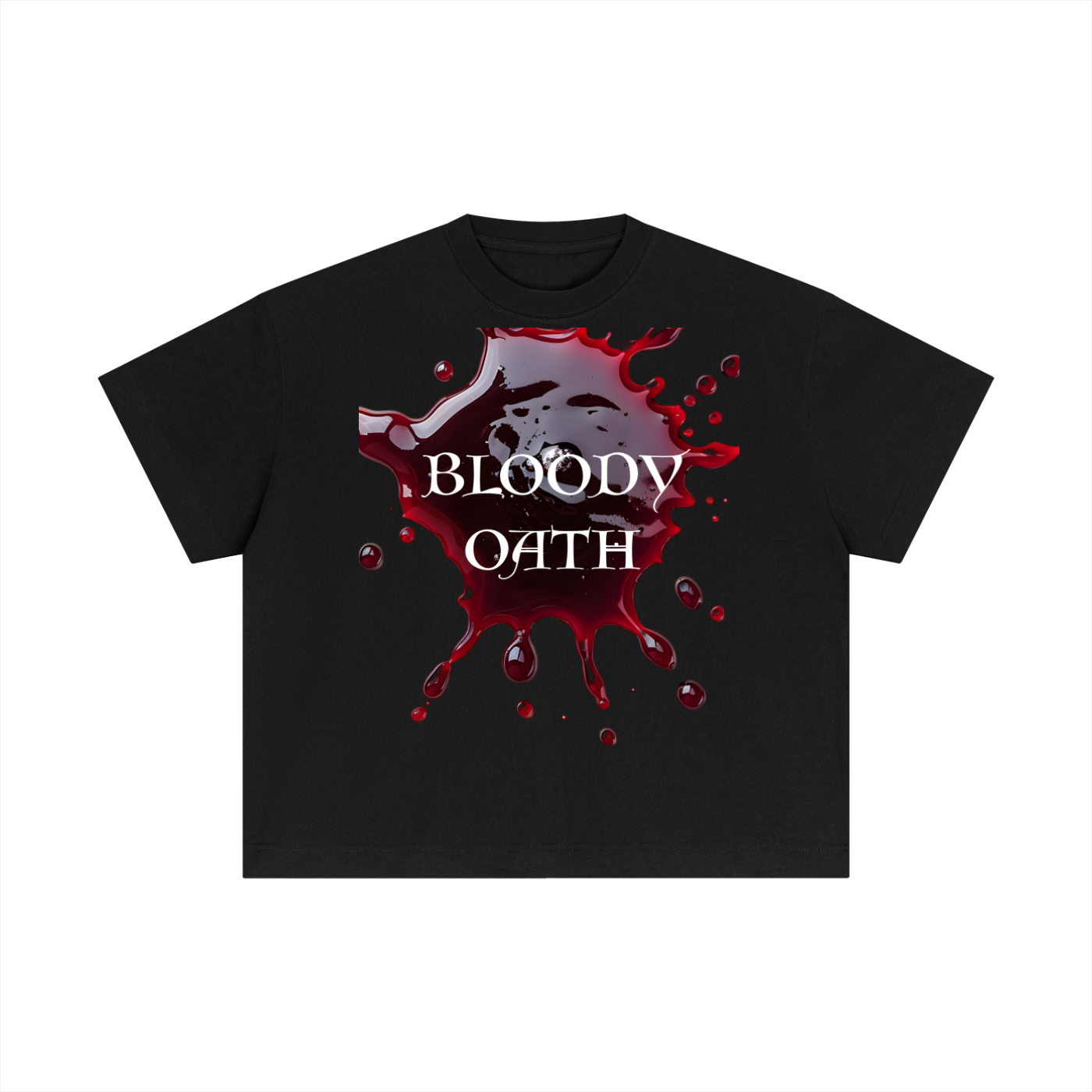 Black t-shirt with 'Bloody Oath' graphic design on a white background