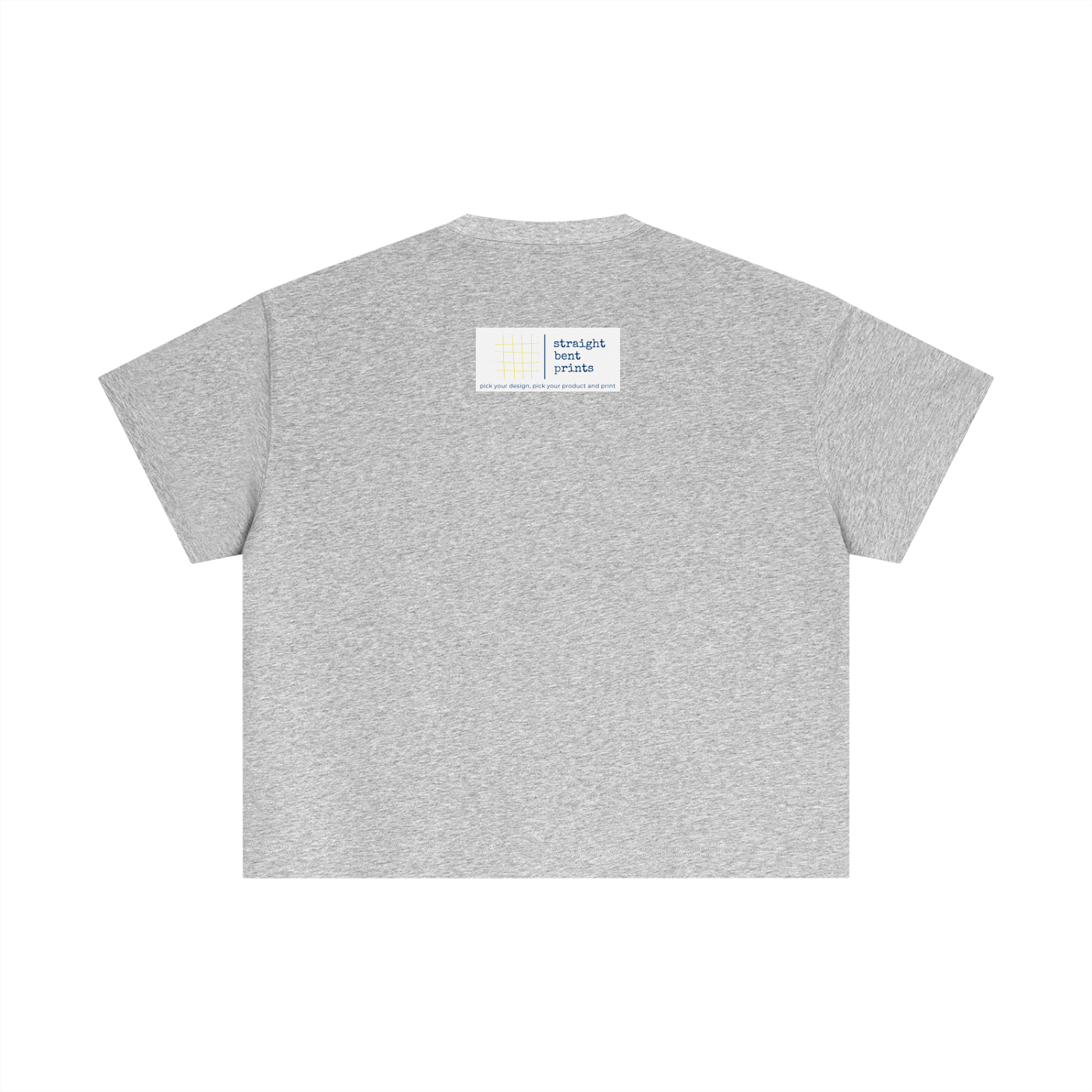 Gray t-shirt with a small logo on the back against a white background
