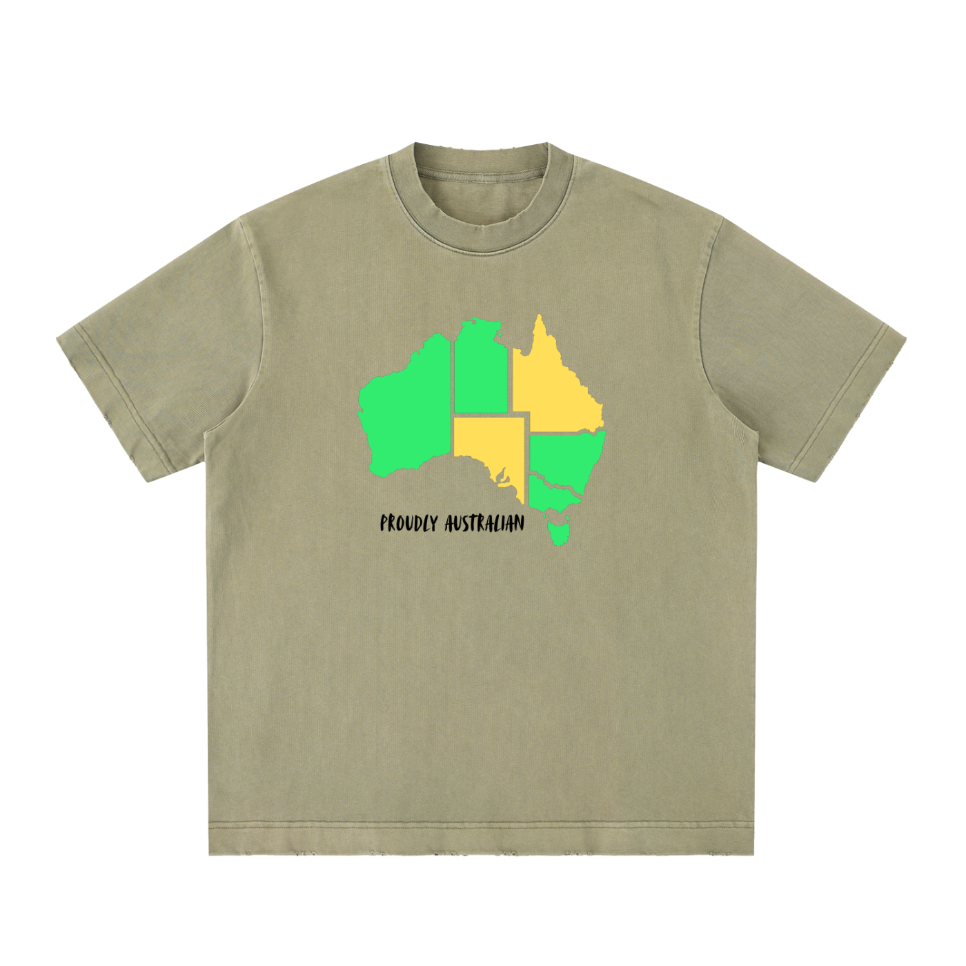 Beige t-shirt with a colorful Australia map graphic on a white background