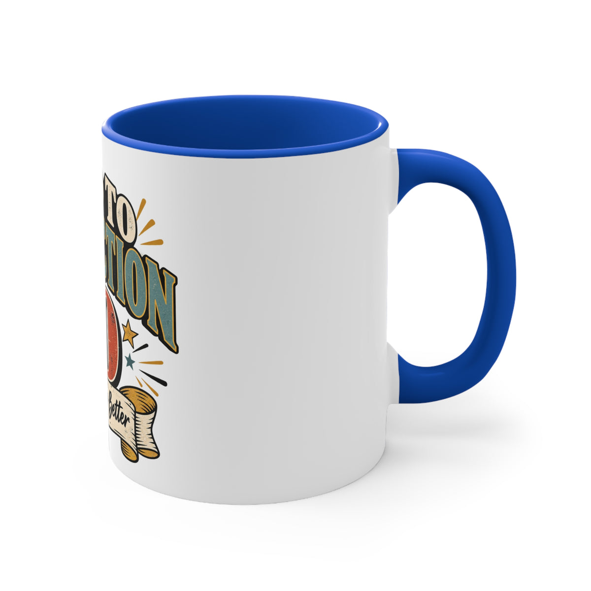 A white ceramic coffee mug with a blue interior, blue handle, and a vintage-style graphic on the side featuring the words 'TO BURN' and a scroll design.