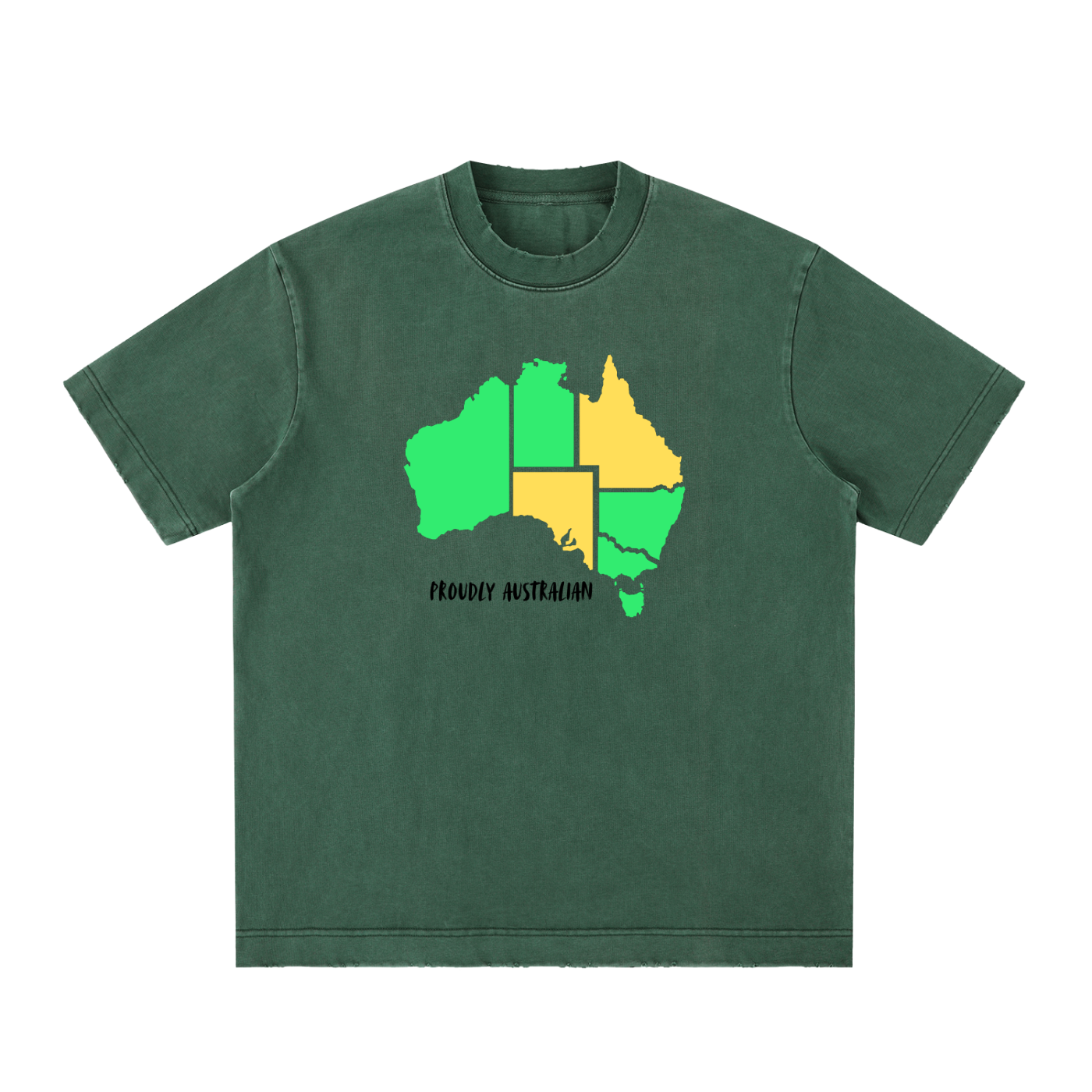 Green t-shirt with a map of Australia design on a white background