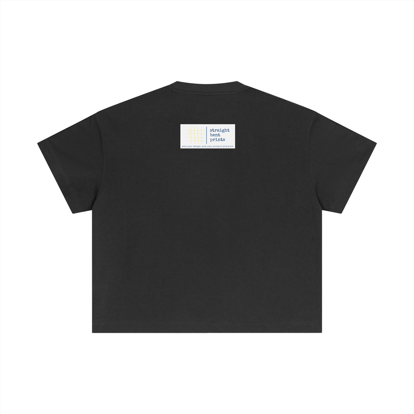 Black t-shirt with a small white label on the back against a white background