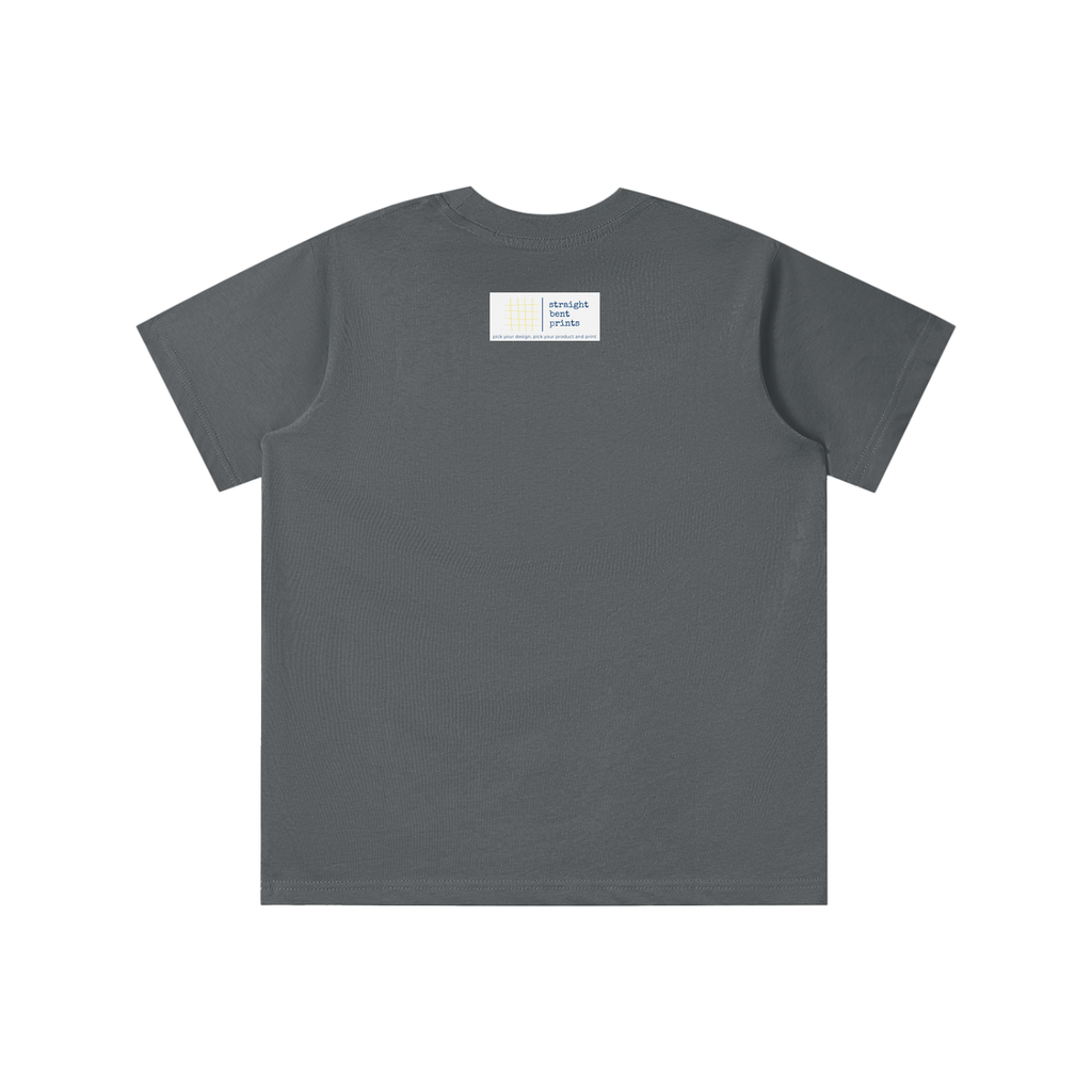 Gray t-shirt with a small logo on the back against a white background