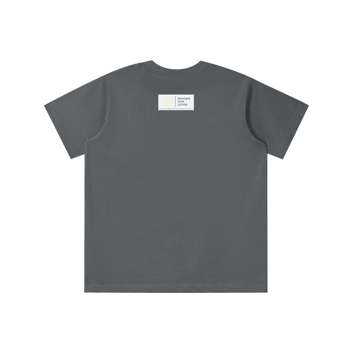 Gray t-shirt with a small logo on the back against a white background