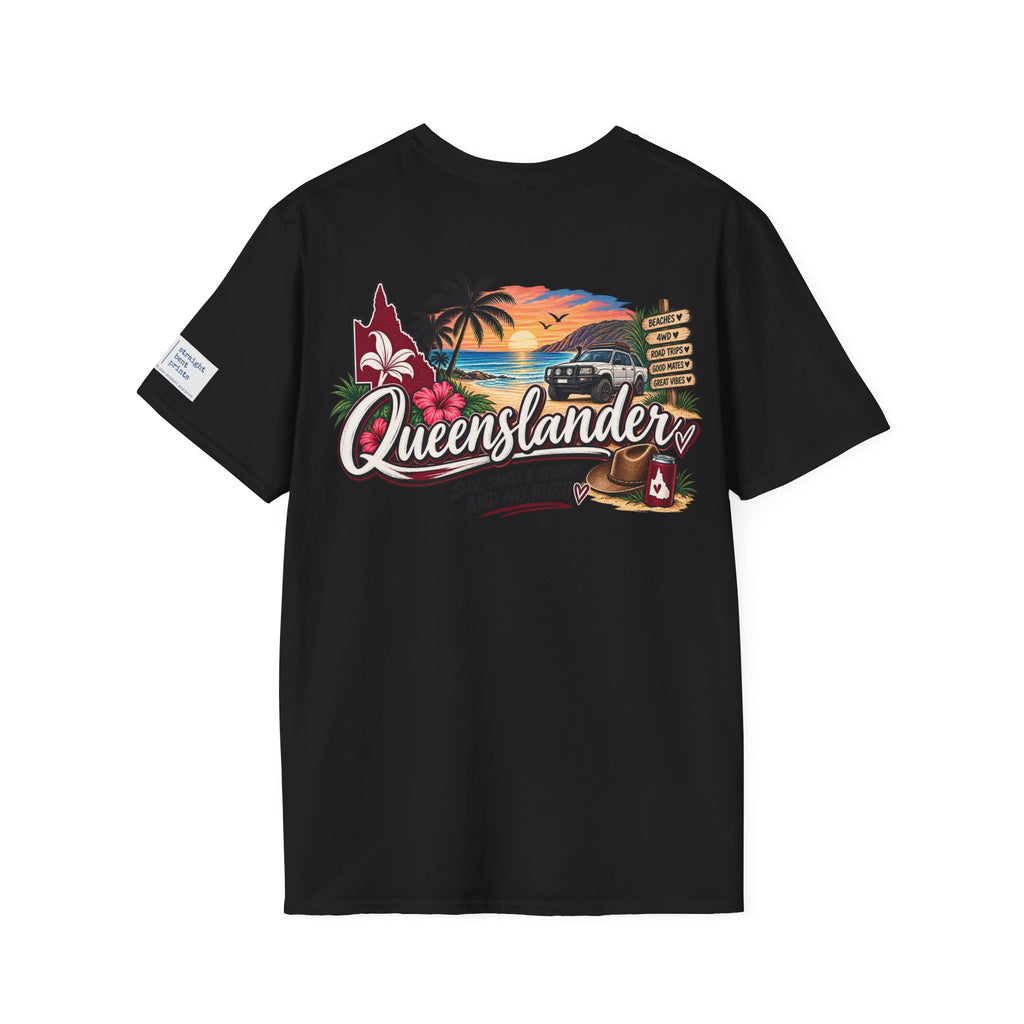Queenslander Sunset Beach T-Shirt | Retro Tropical Surf van design