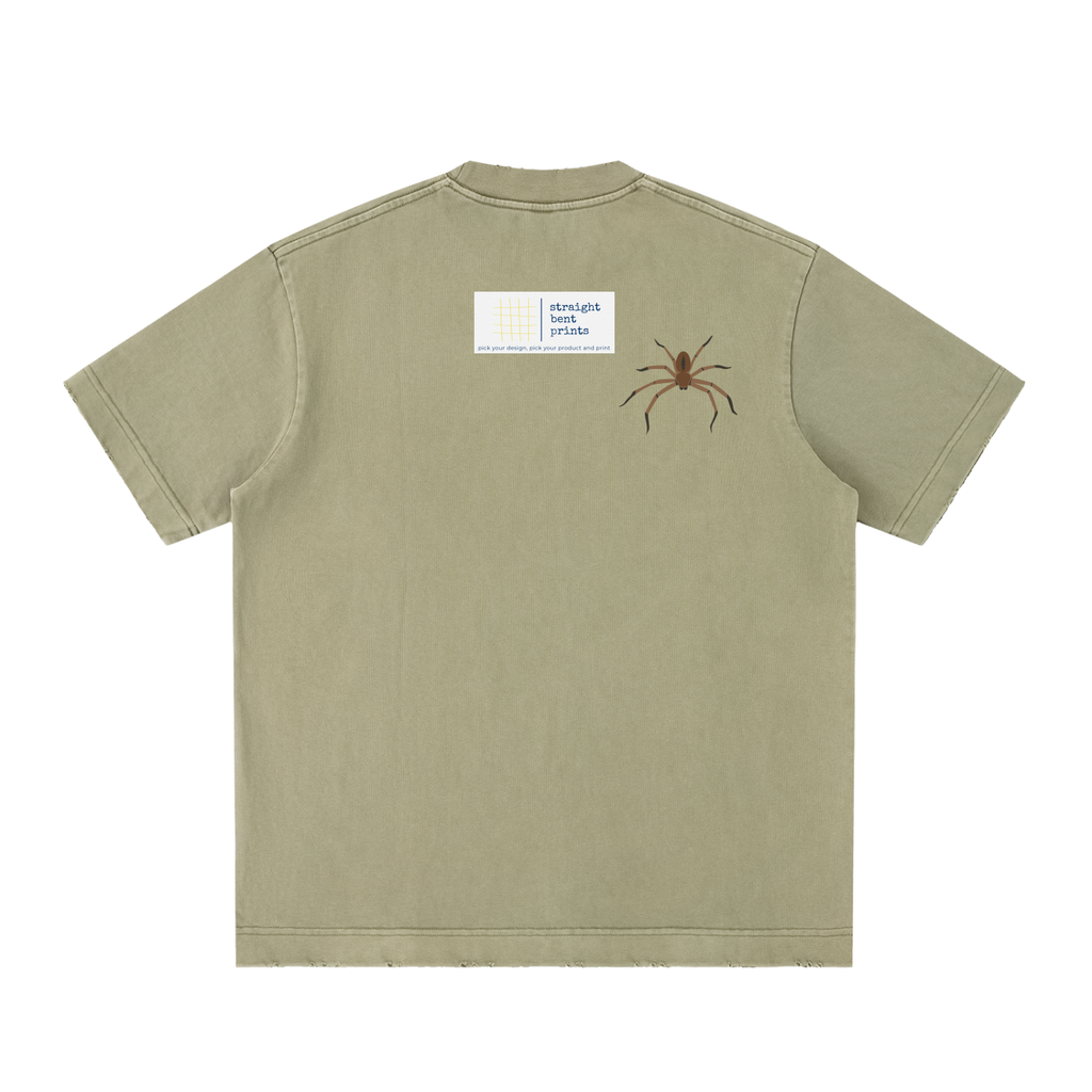 Khaki t-shirt with a spider graphic on the back against a white background