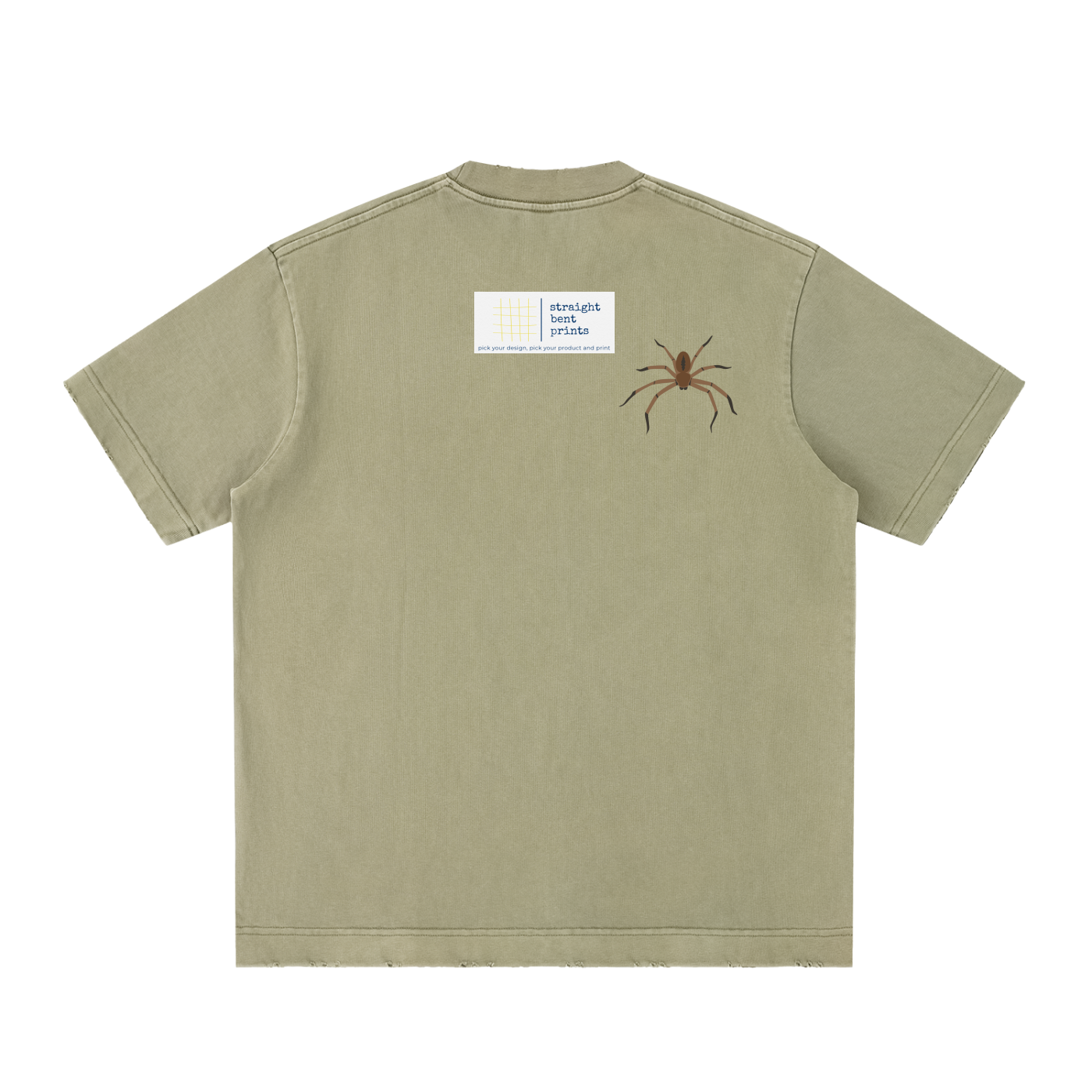 Khaki t-shirt with a spider graphic on the back against a white background