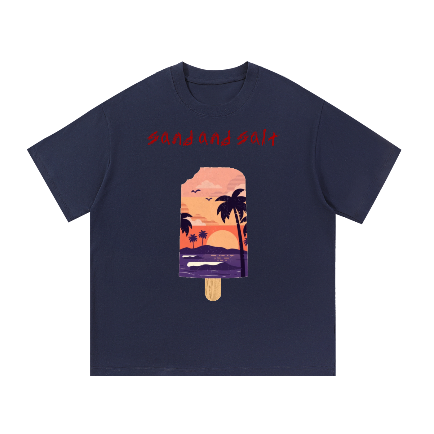 Navy blue t-shirt with a tropical-themed popsicle graphic and 'Sand and Salt' text on a white background.