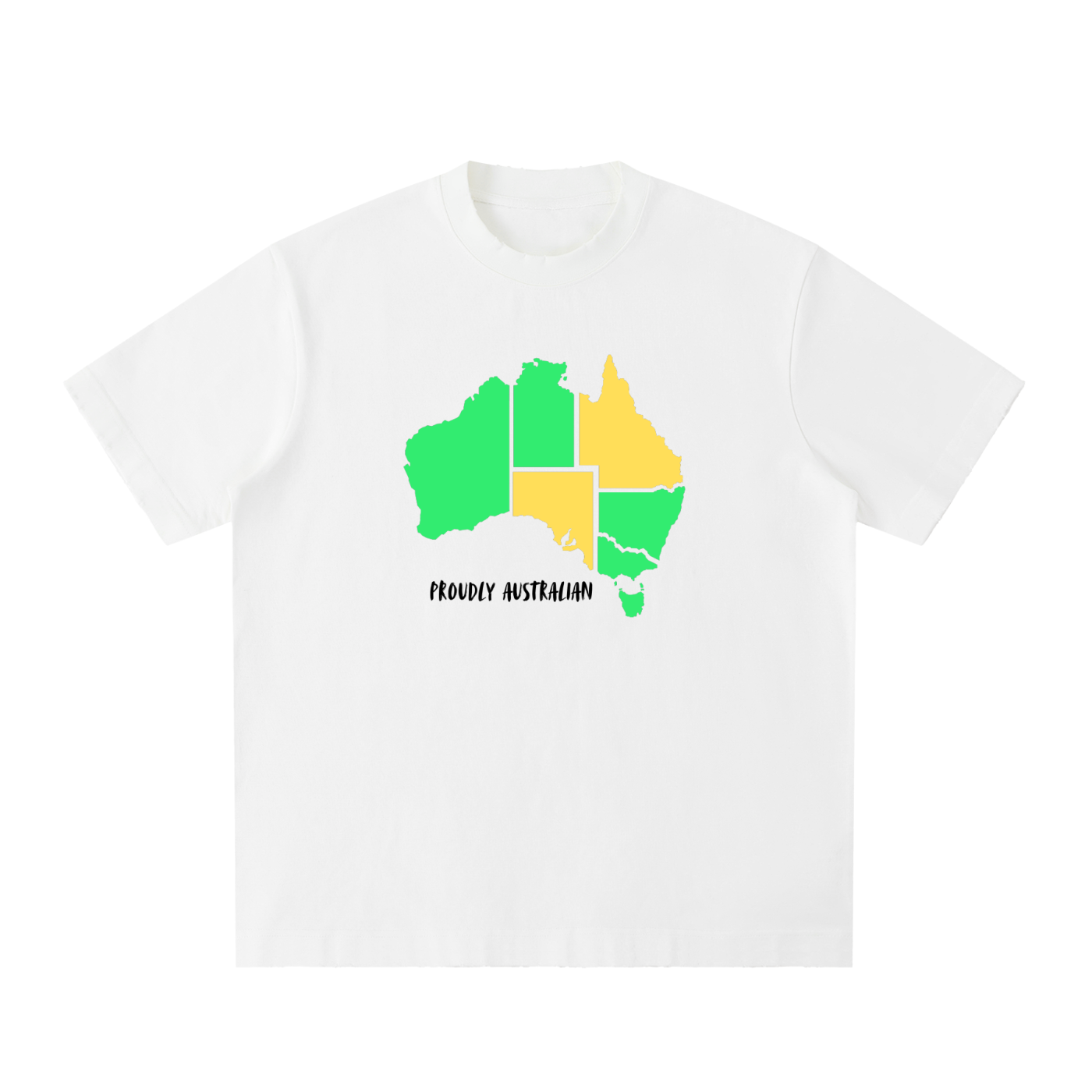 White t-shirt with a colorful map of Australia and 'Muddy Australian' text on a white background