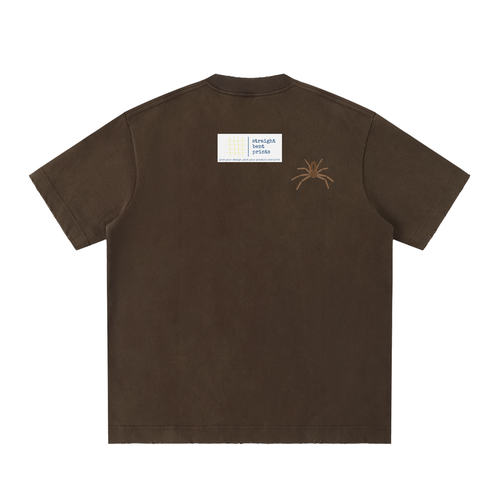 Brown t-shirt with a logo on the back against a white background