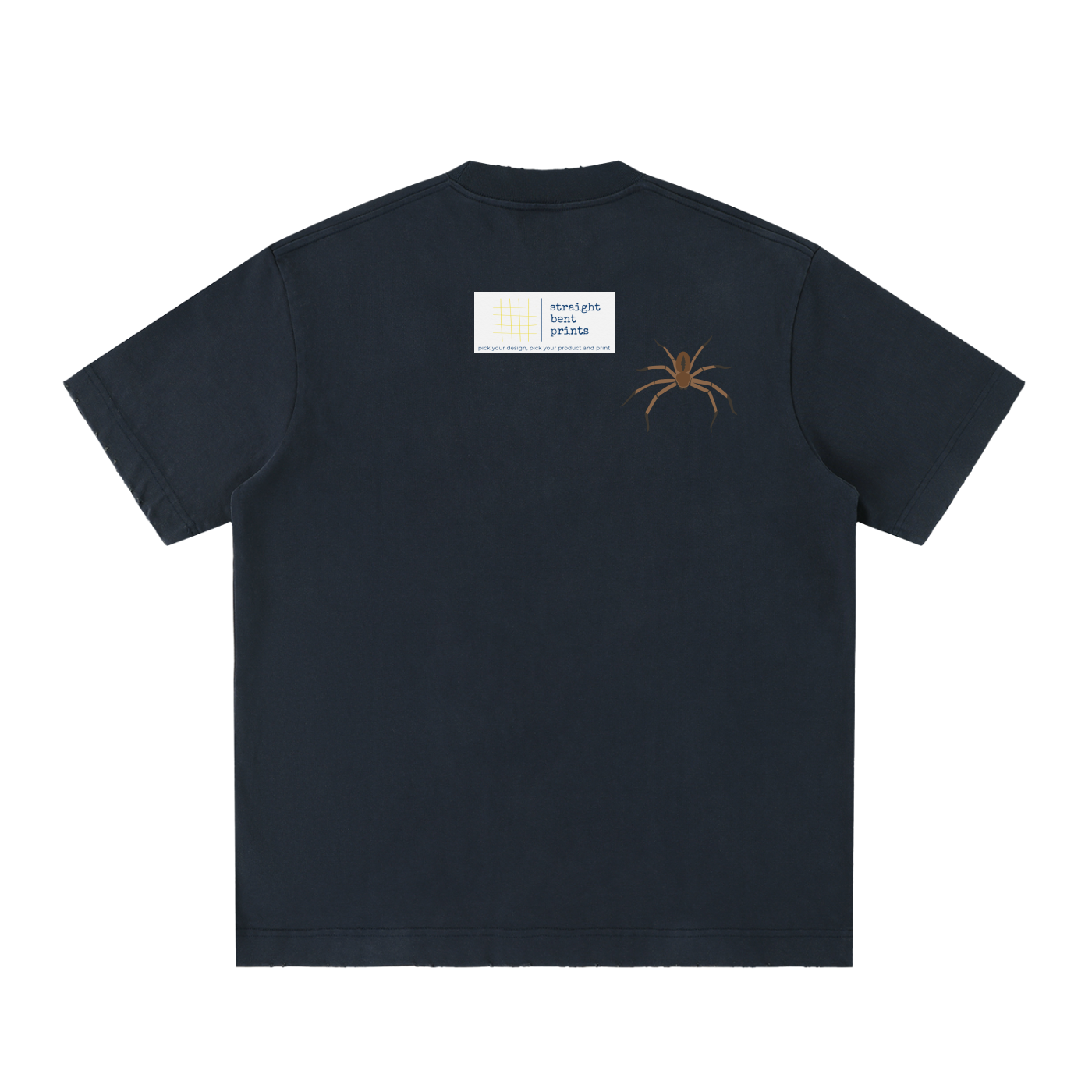 Black t-shirt with a spider graphic on the back against a white background